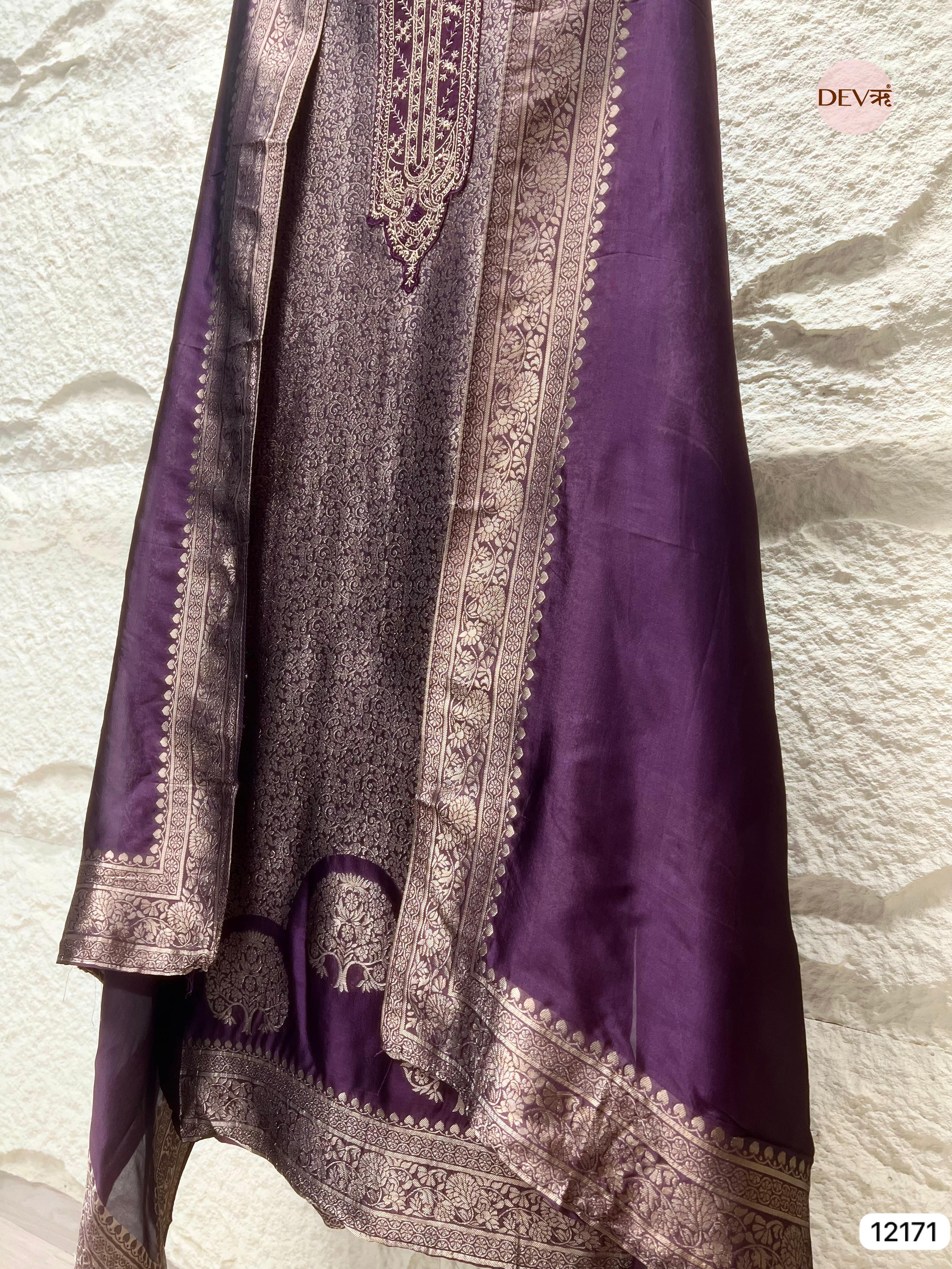 Purple Pure Banarasi silk Unstitched Hand Embroidered -Set Of 3 - {12171}