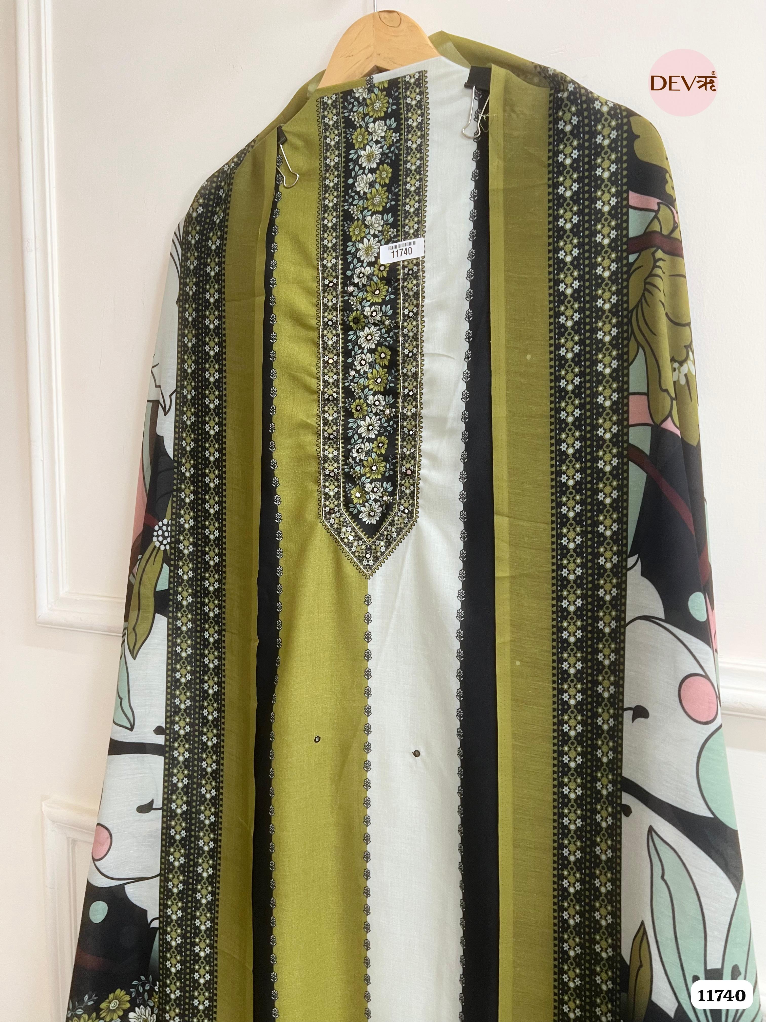 Multi Colour Cotton Unstitched Embroidered Printed -Set Of 3 {11740}