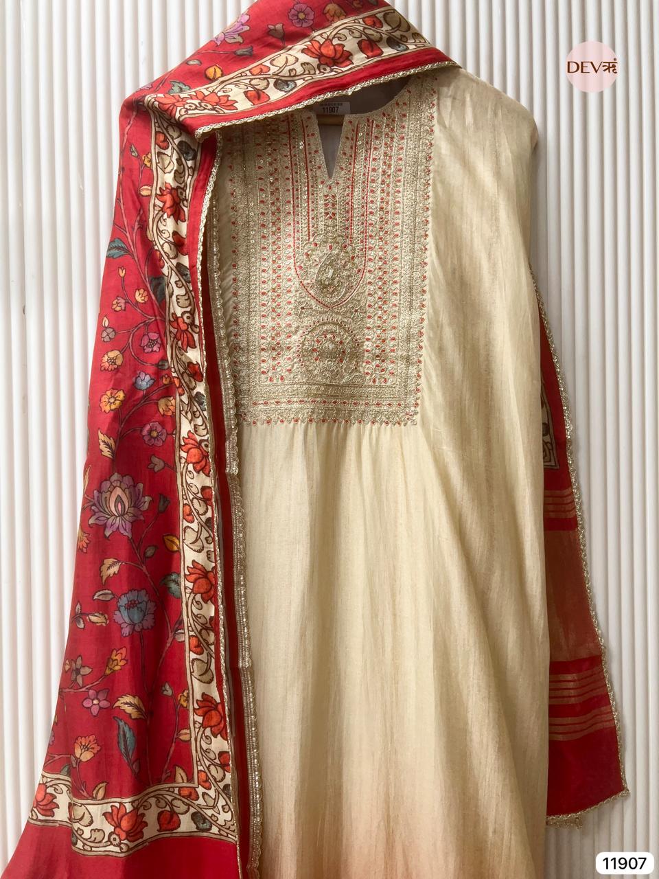 Beige Russian Silk Unstitched Embroidered -Set Of 3 - {11907}
