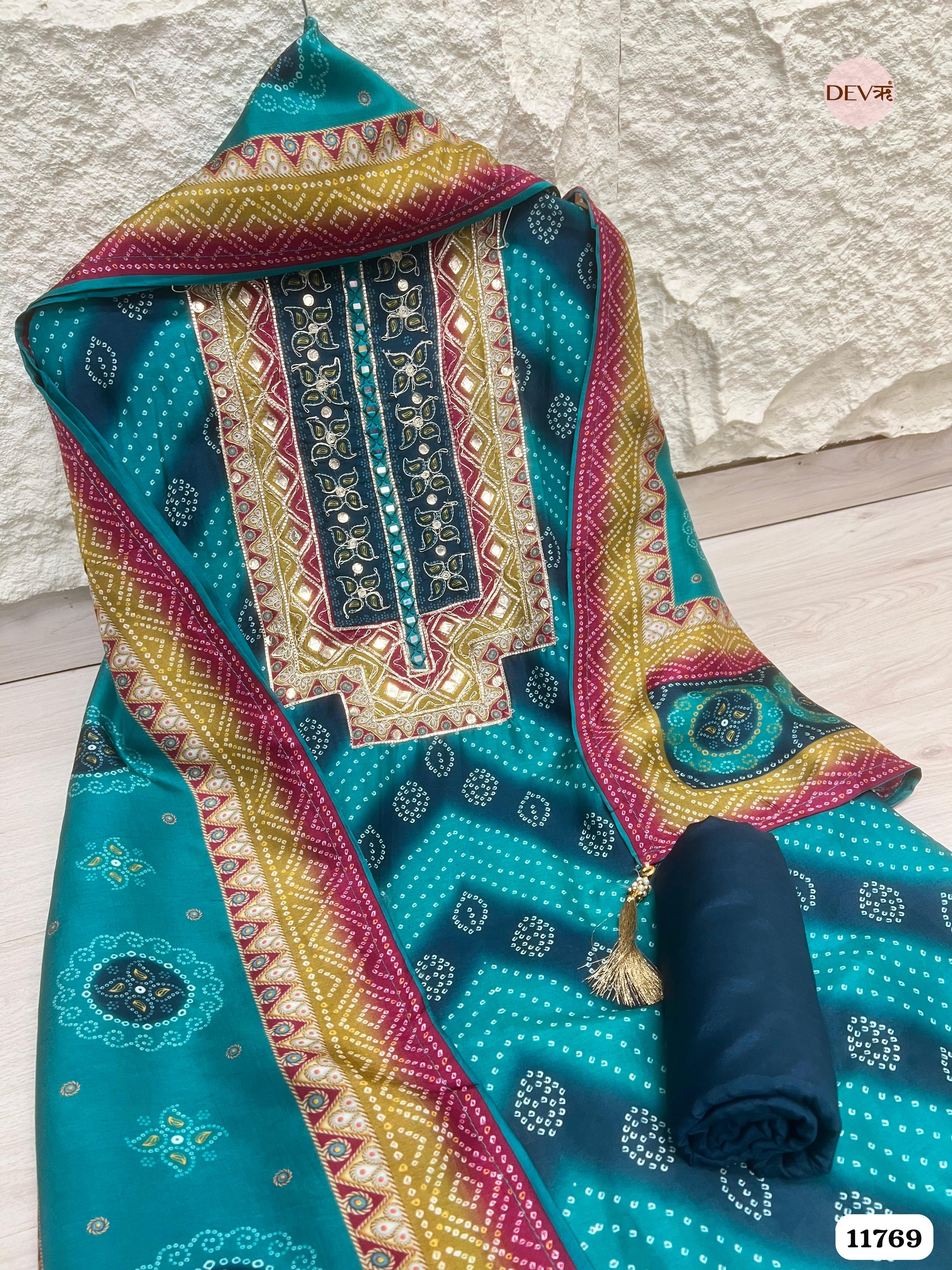 Blue Green Russian Silk Printed Unstitched Hand Embroidered -Set Of 3 {11769}