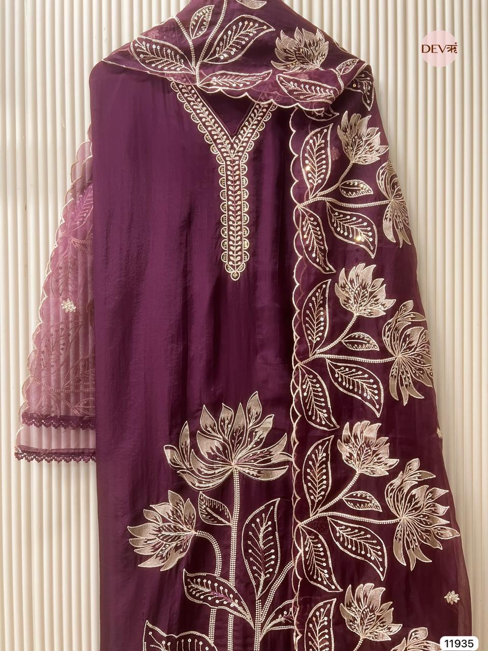 Purple Glass Tissue Silk Unstitched Embroidered -Set Of 3 - {11935}