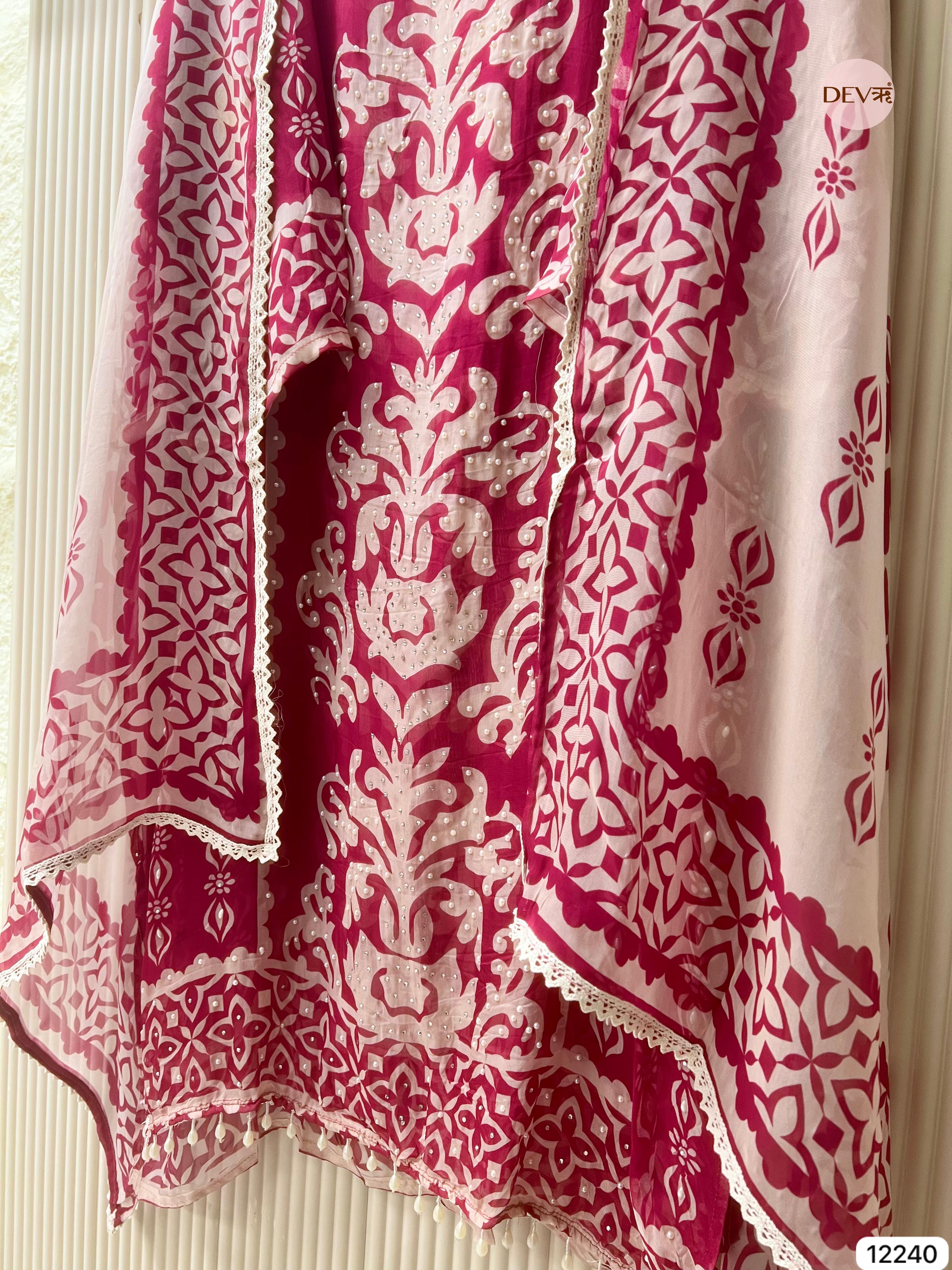 Magenta Pink Organza Embroidered Unstitched 3-Piece Suit (Devri – D.No 12240)
