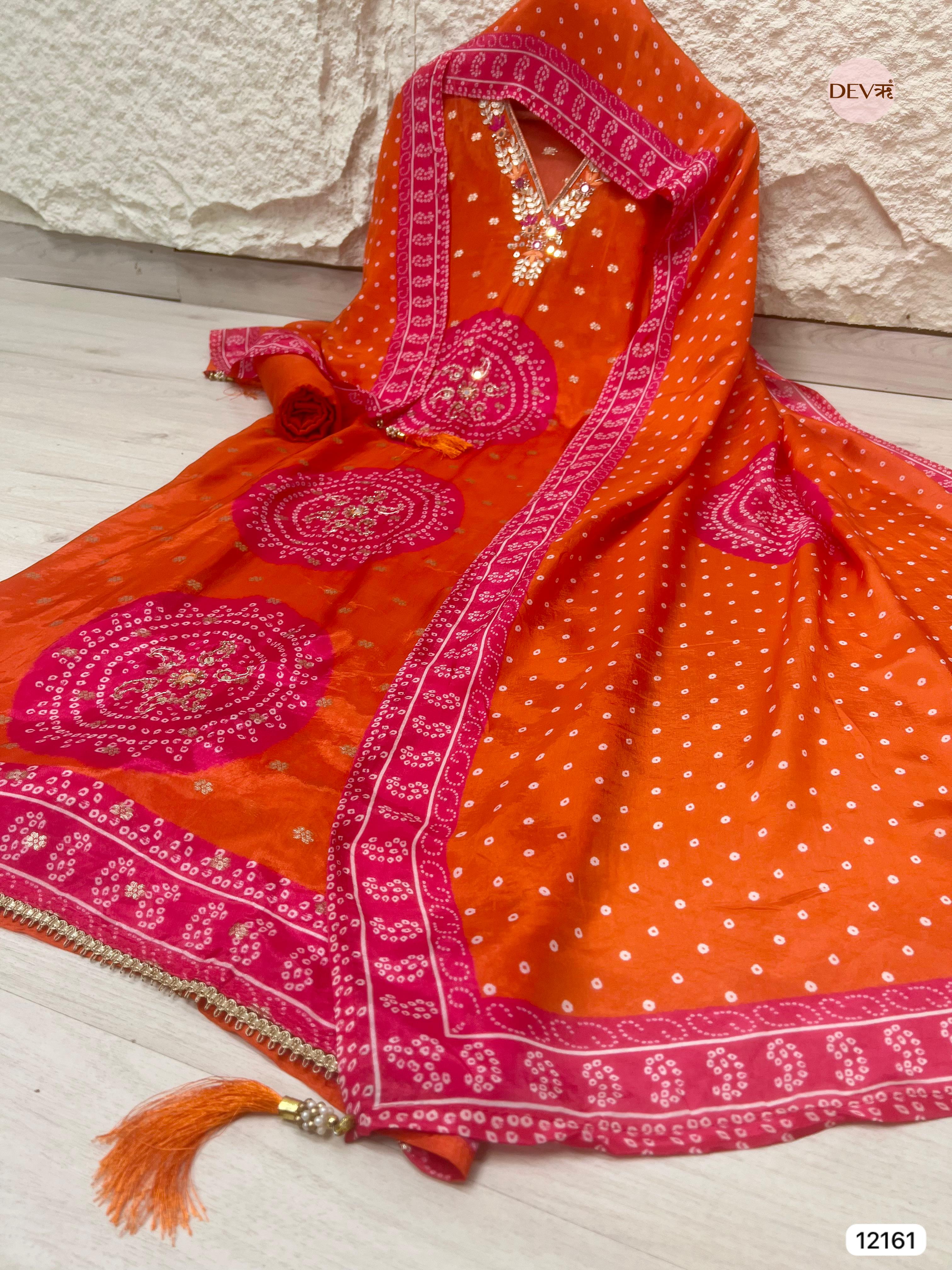 Orange Pure Shimmer Organza Silk Unstitched Banarasi Woven Bandhani Printed Hand Embroidered -Set Of 3 - {12161}