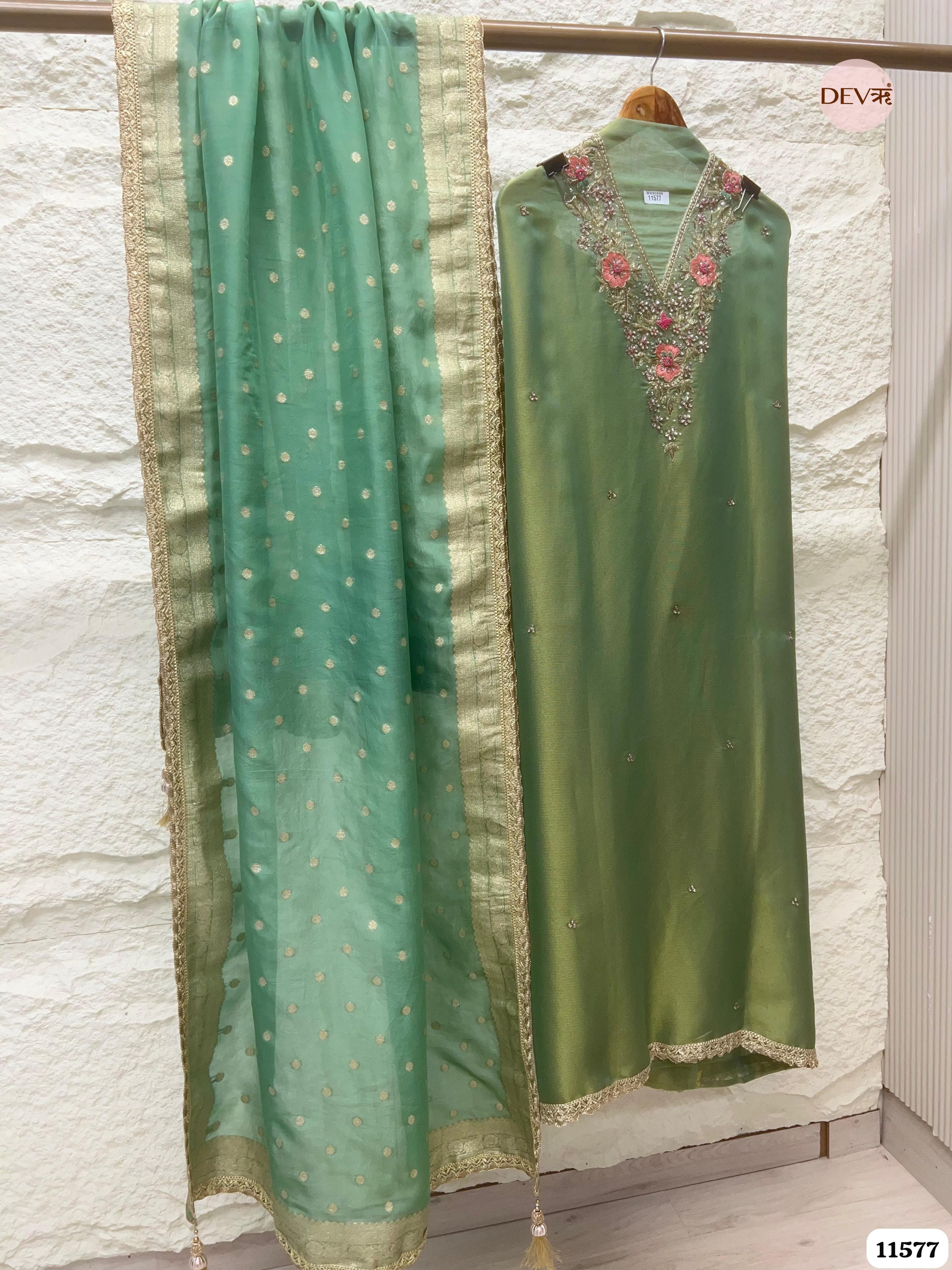 Green Pure Tissue Silk Unstitched Hand Embroidered -Set Of 3 {11577}