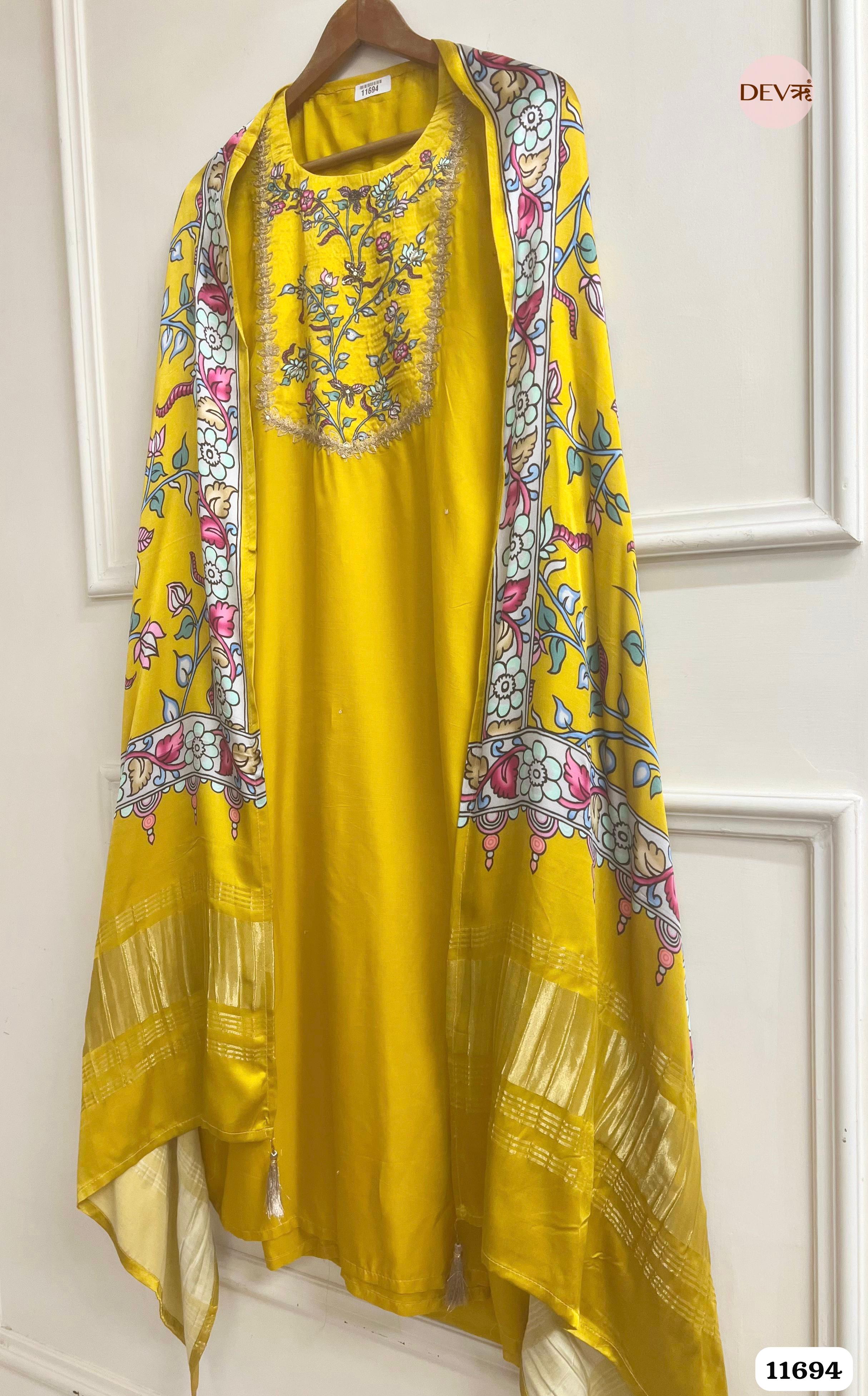 Yellow Russian Silk Unstitched Embroidered -Set Of 3 {11694}