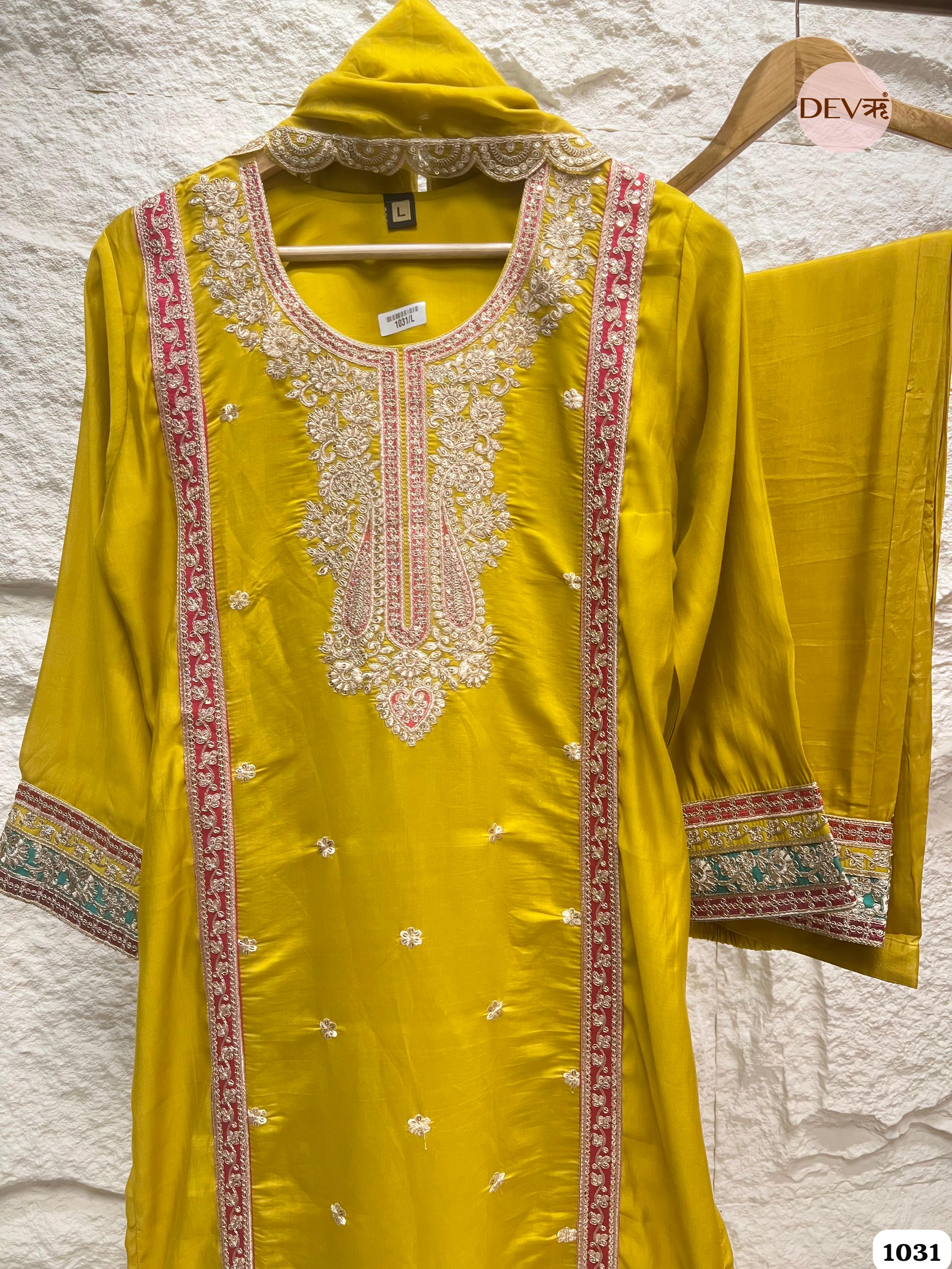 Yellow Silk Stiched Embroidered -Set Of 3 {1031}