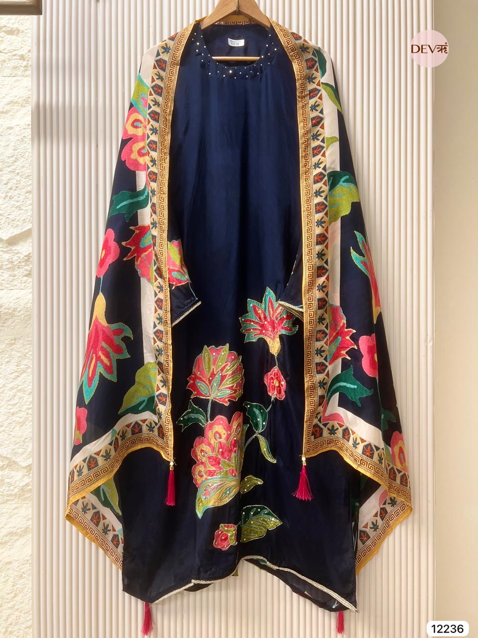 Navy Pure Glass Organza Printed Unstitched 3-Piece Suit (Devri – D.No 12236)