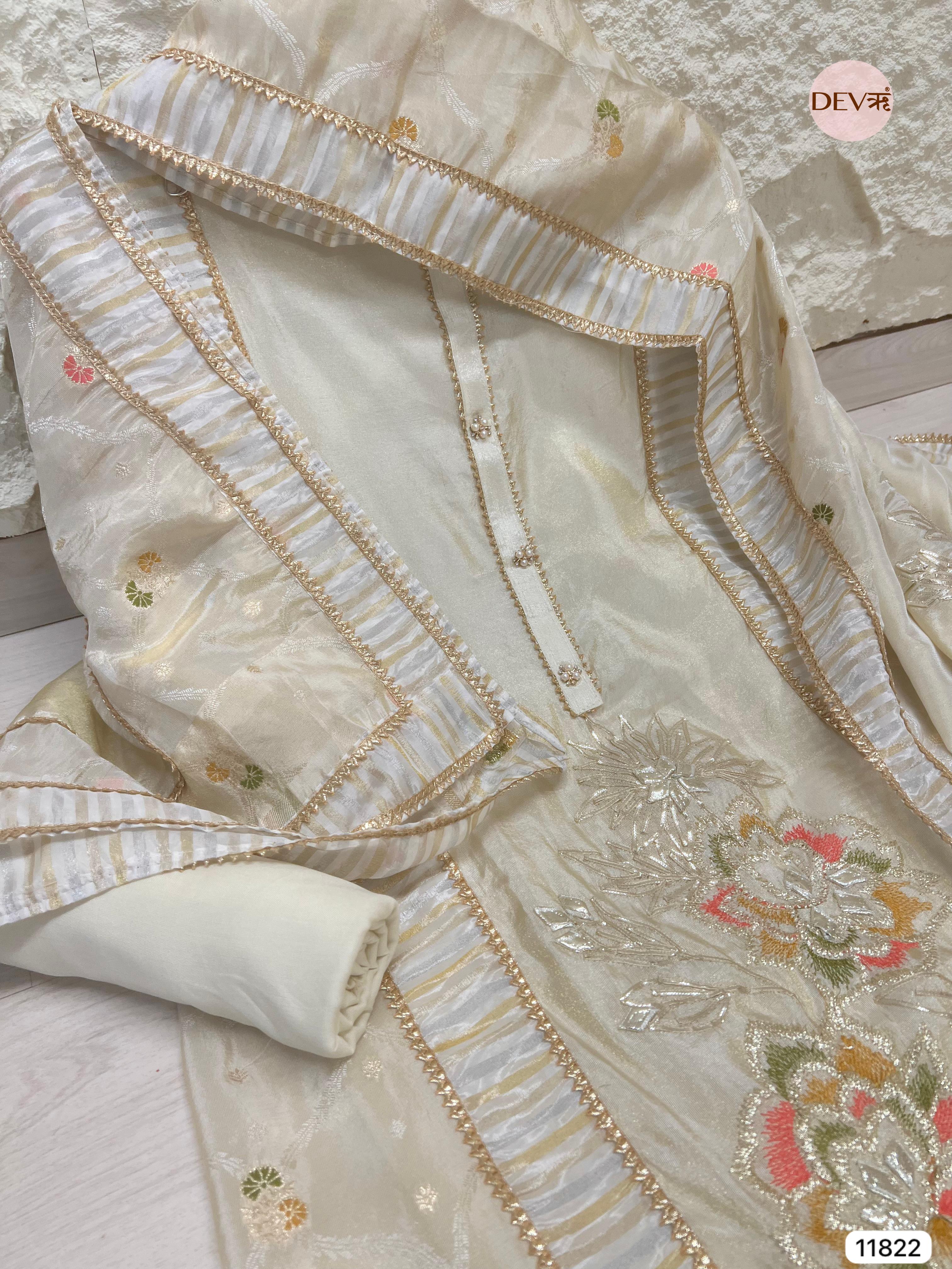 White Tissue Shimmer Silk Unstitched Hand Embroidered -Set Of 3 - {11822}