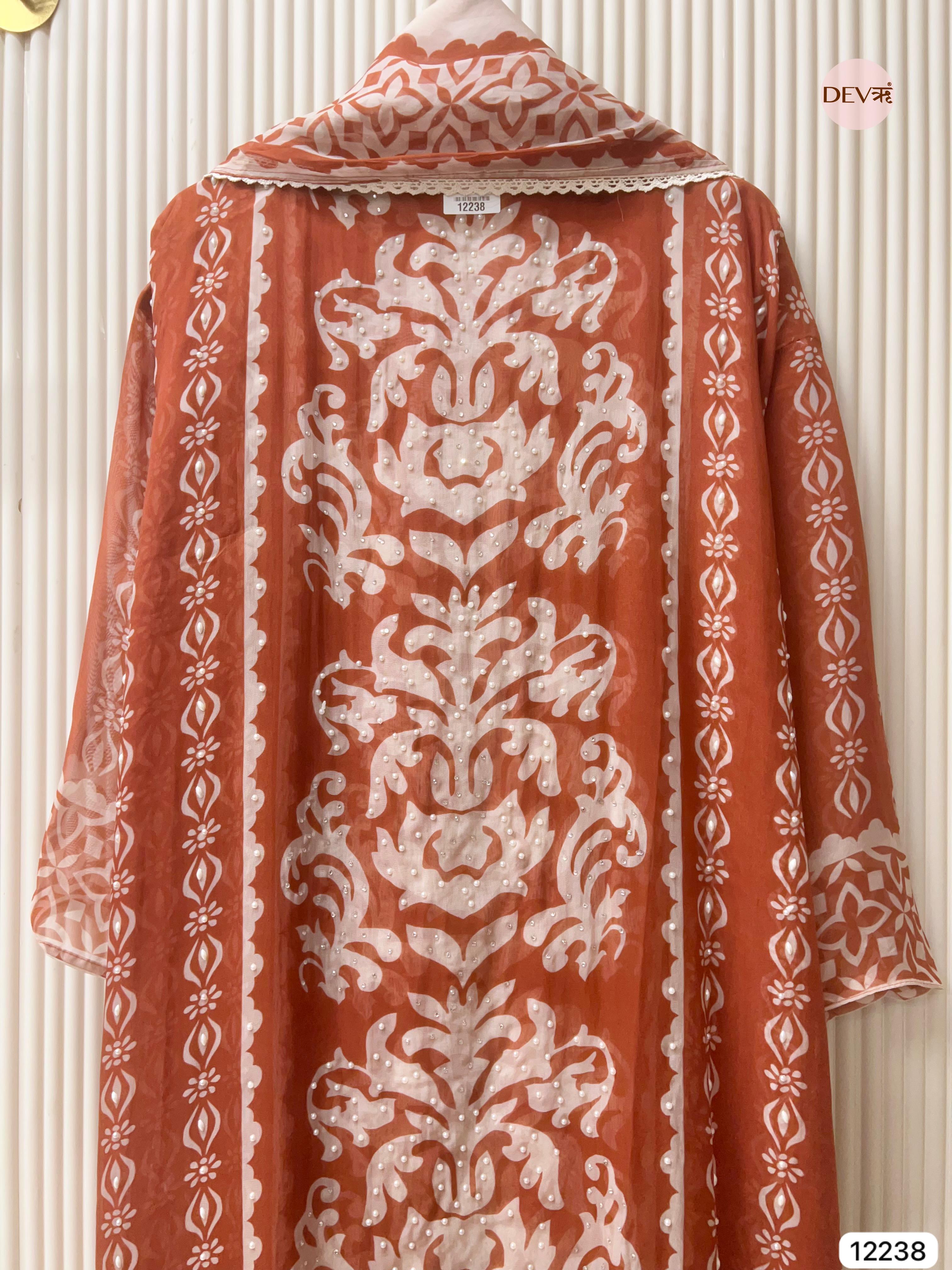 Rust Organza Printed Unstitched 3-Piece Suit (Devri – D.No 12238)