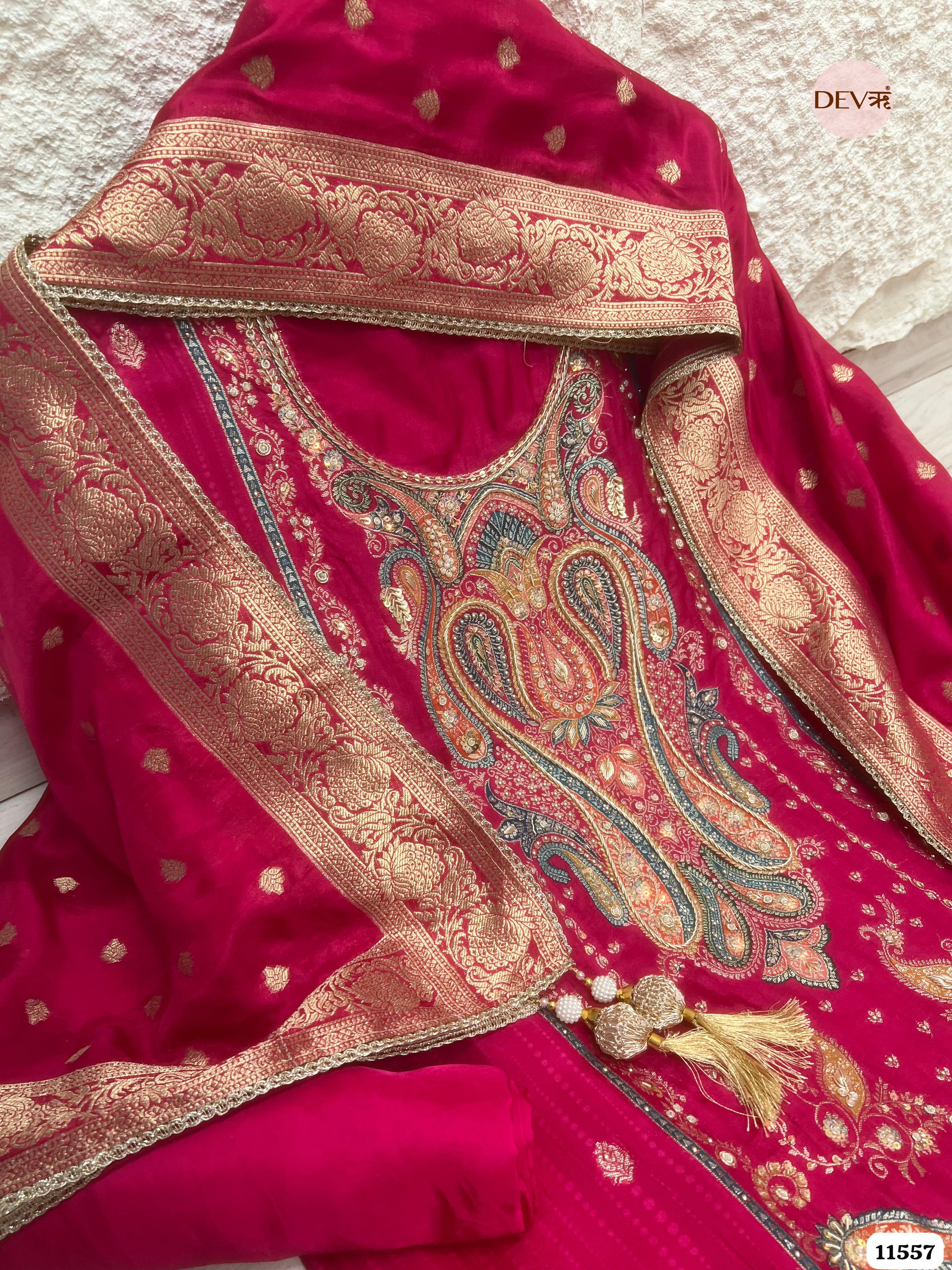 Rani Pink Pure Dola Silk Unstitched Hand Embroidered Banarasi Weave -Set Of 3 {11557}