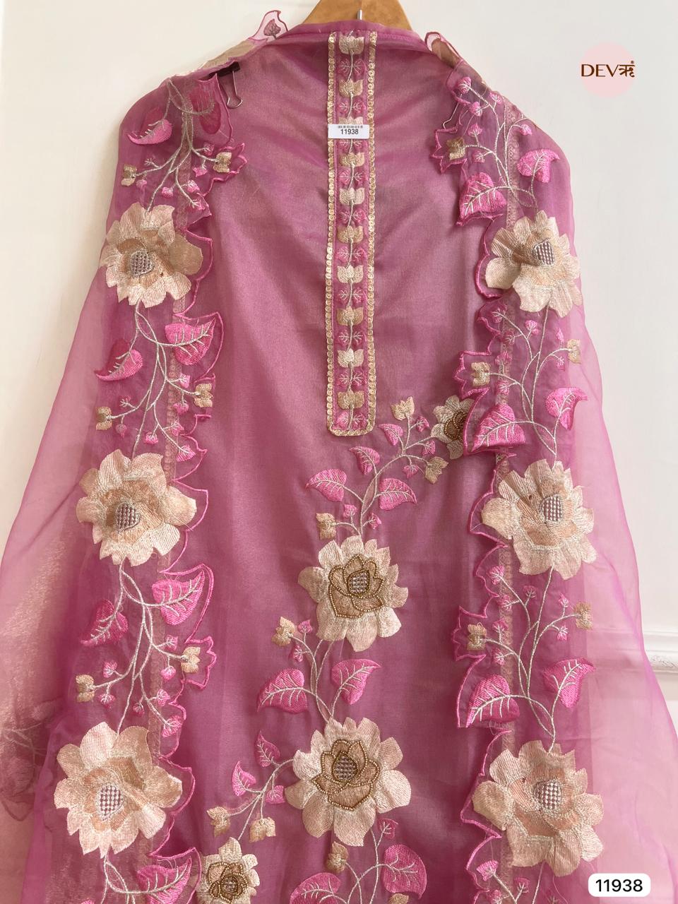 Pink Tissue Silk Unstitched Embroidered -Set Of 3 - {11938}