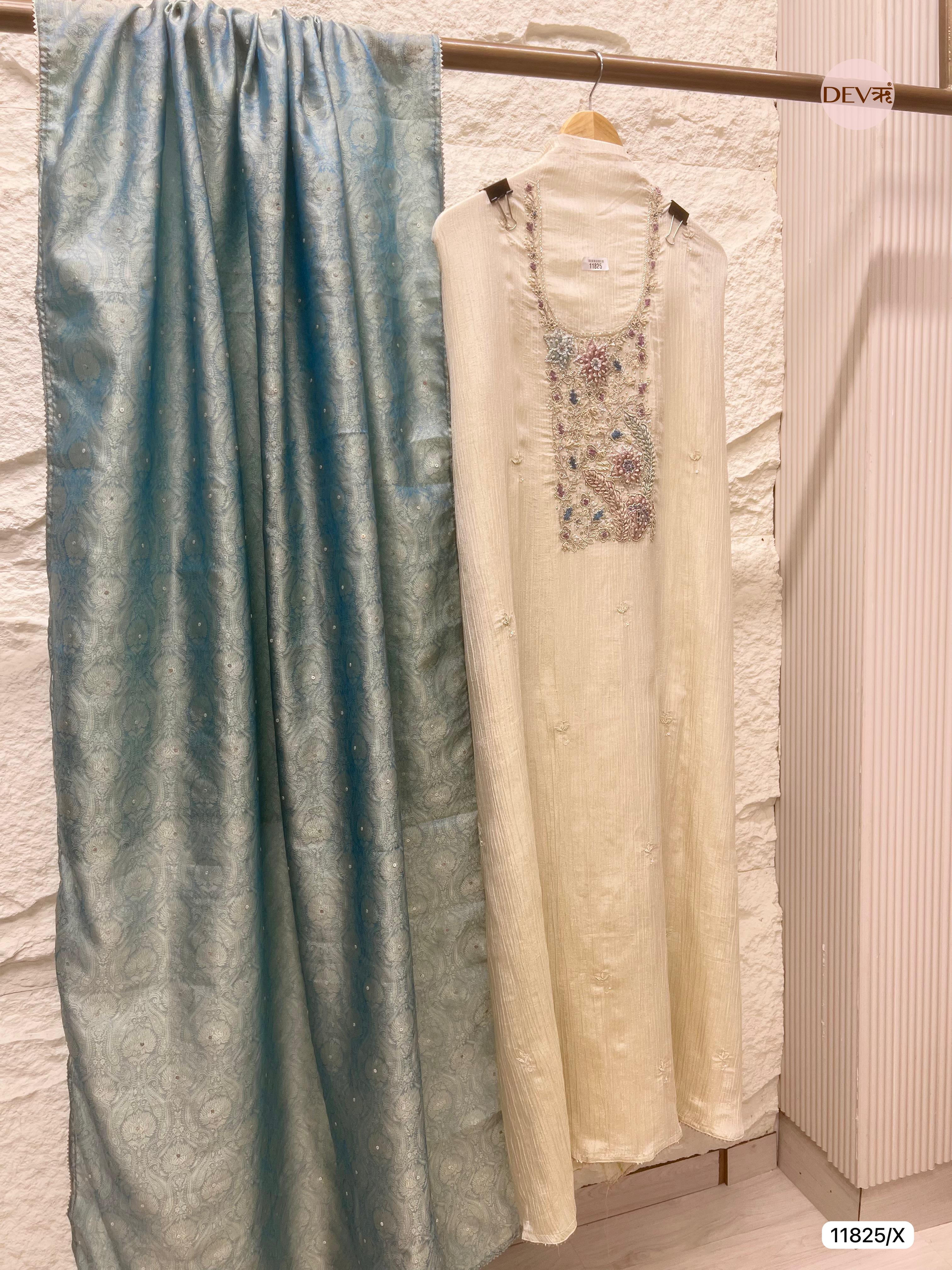 Off White Pure Tissue Crush Silk Unstitched Hand Embroidered -Set Of 3- {11825/X}