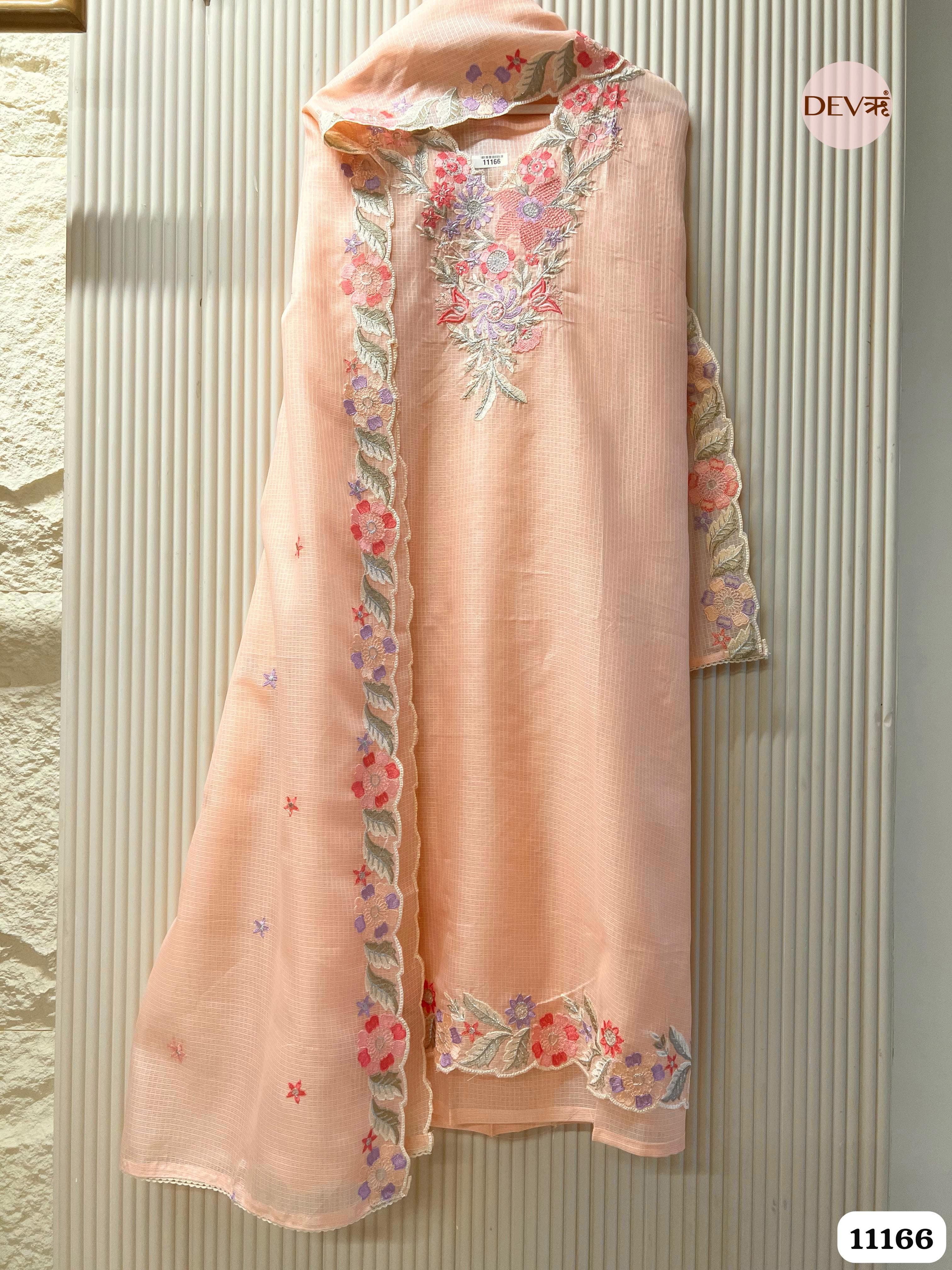 Orange Kota Unstitched Embroidered -Set Of 3 {11166}