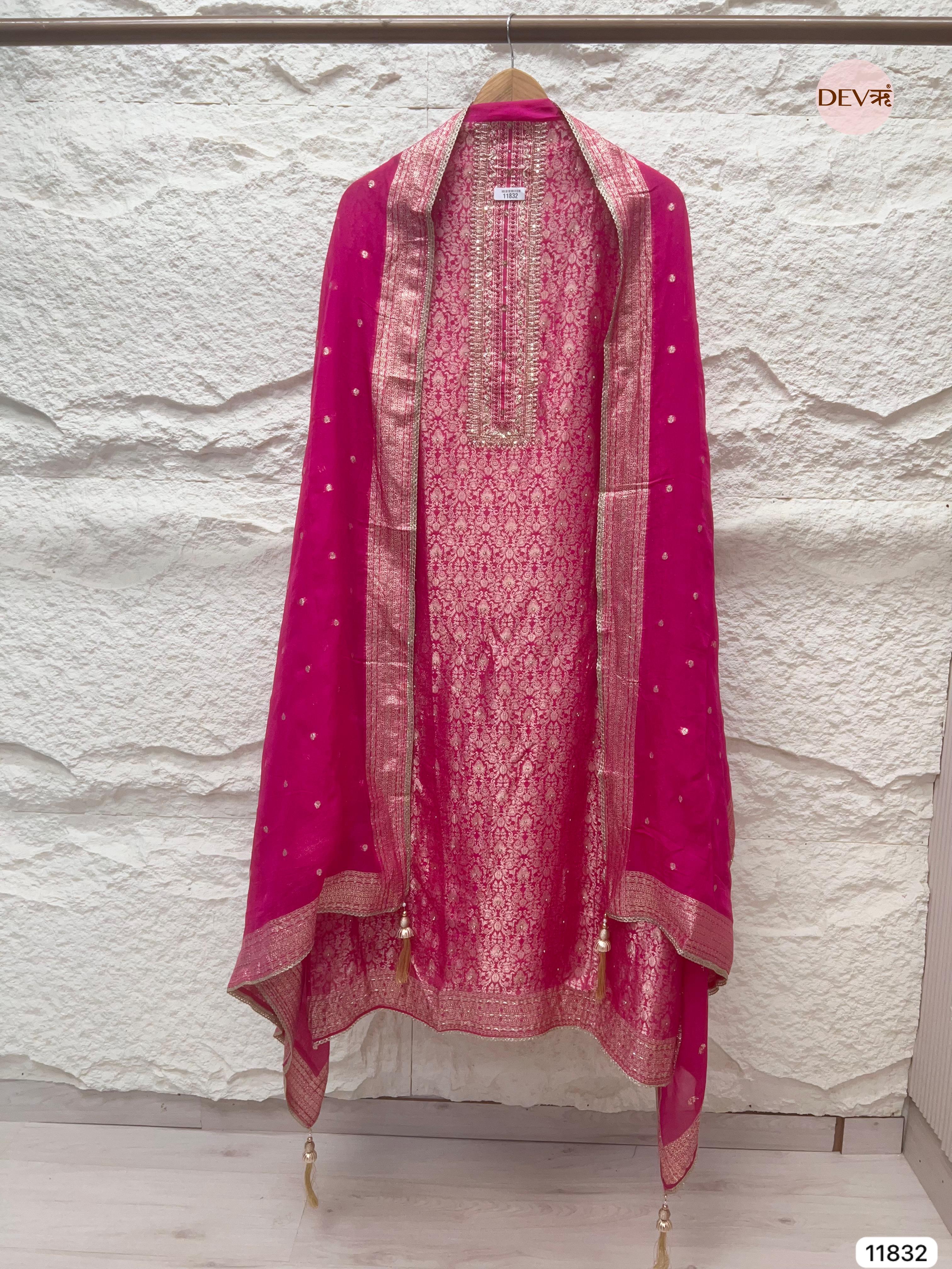 Pink Pure Shimmer Tissue Banarasi Woven Silk Unstitched Hand Embroidered -Set Of 3- {11832}