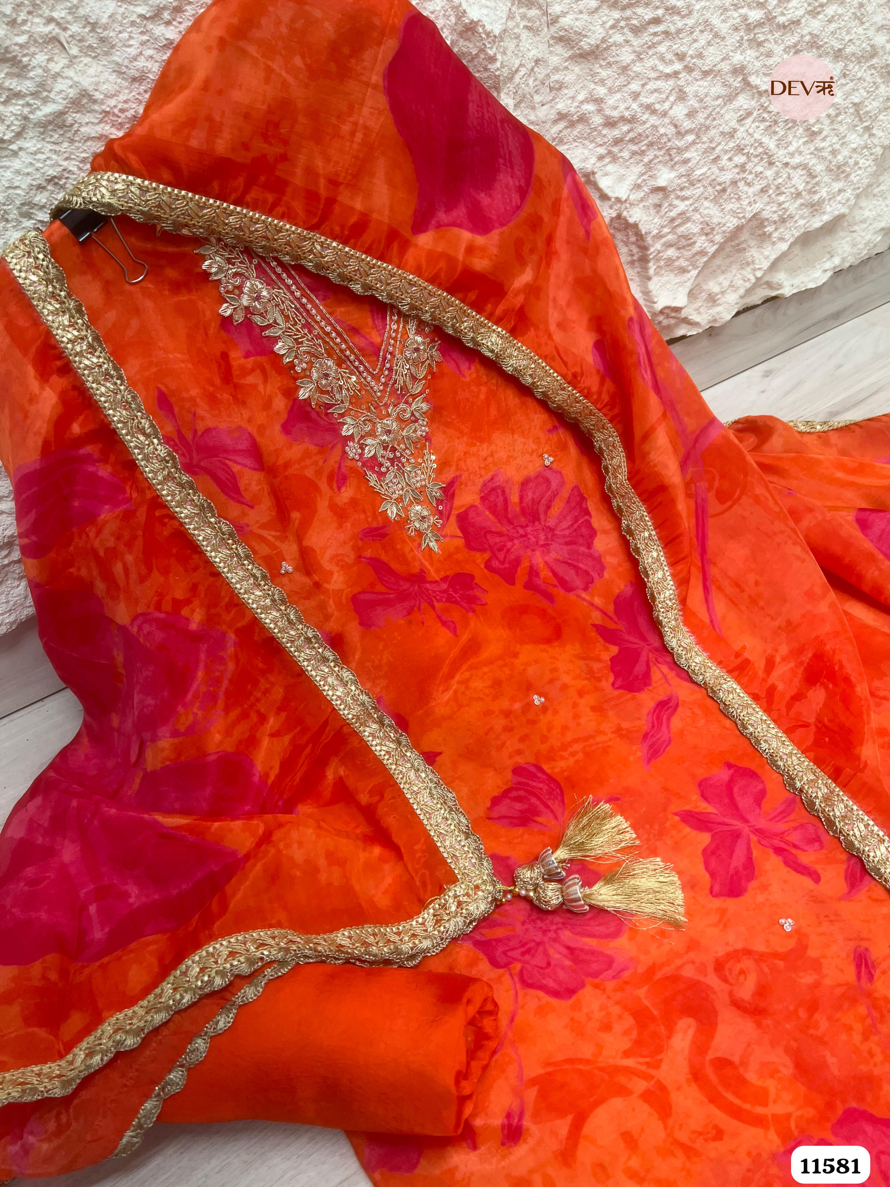 Orange Pure Organza Silk Printed Unstitched Hand Embroidered -Set Of 3 {11581}