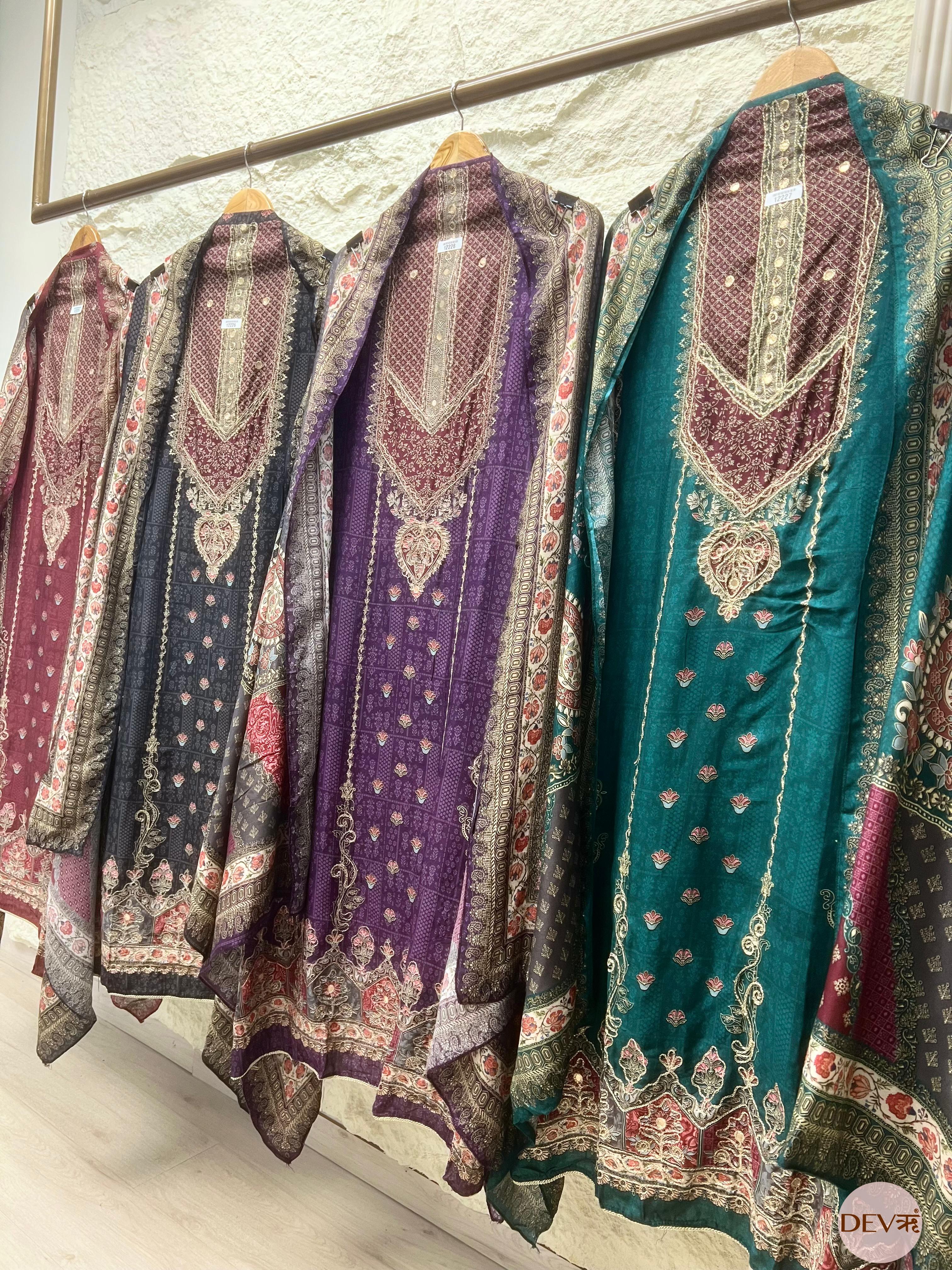 Purple Pure Muslin Printed Unstitched 3-Piece Suit (Devri – D.No 12228)