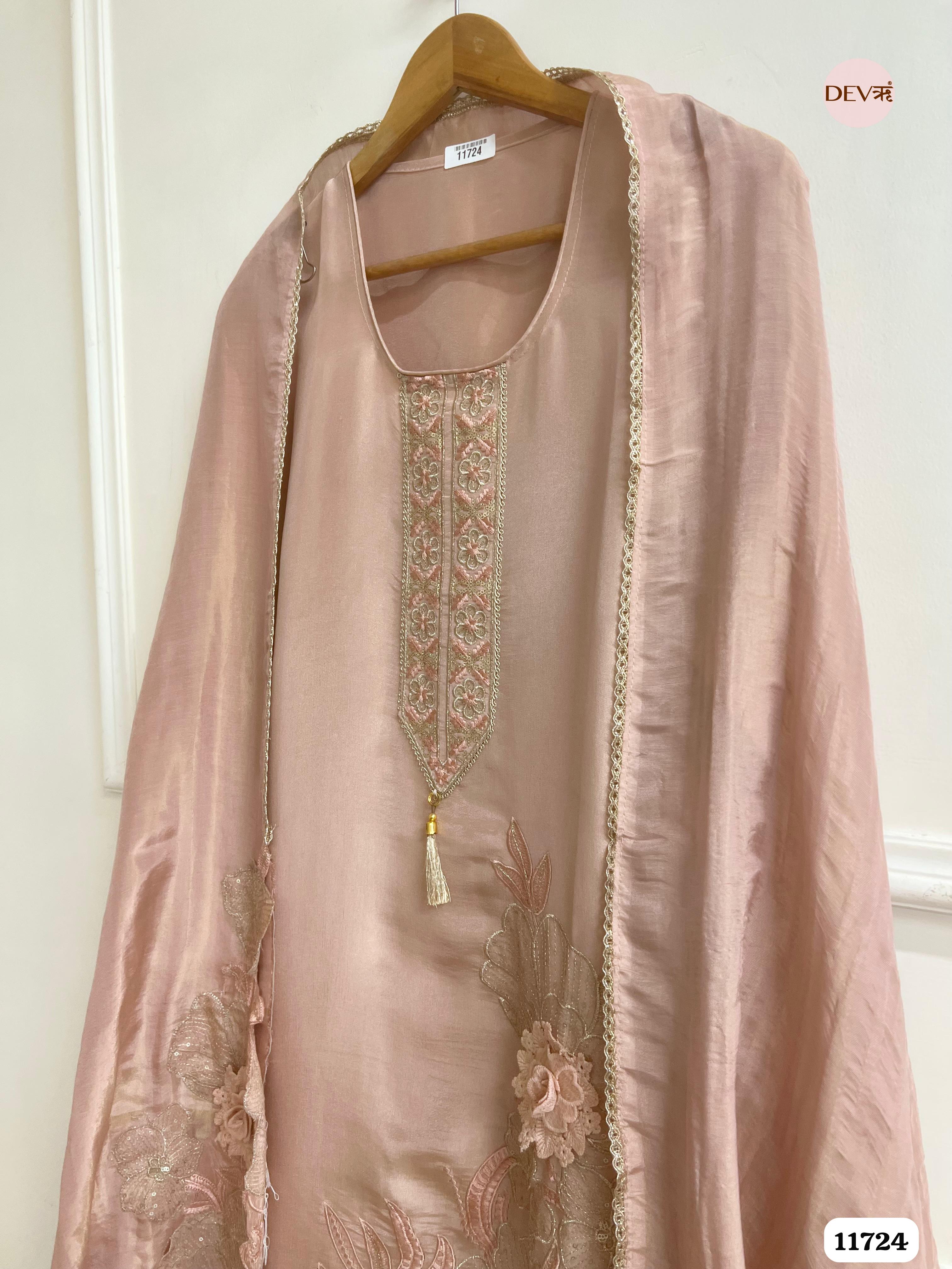 Beige Tissue Shimmer Silk Unstitched Embroidered -Set Of 3- {11724}