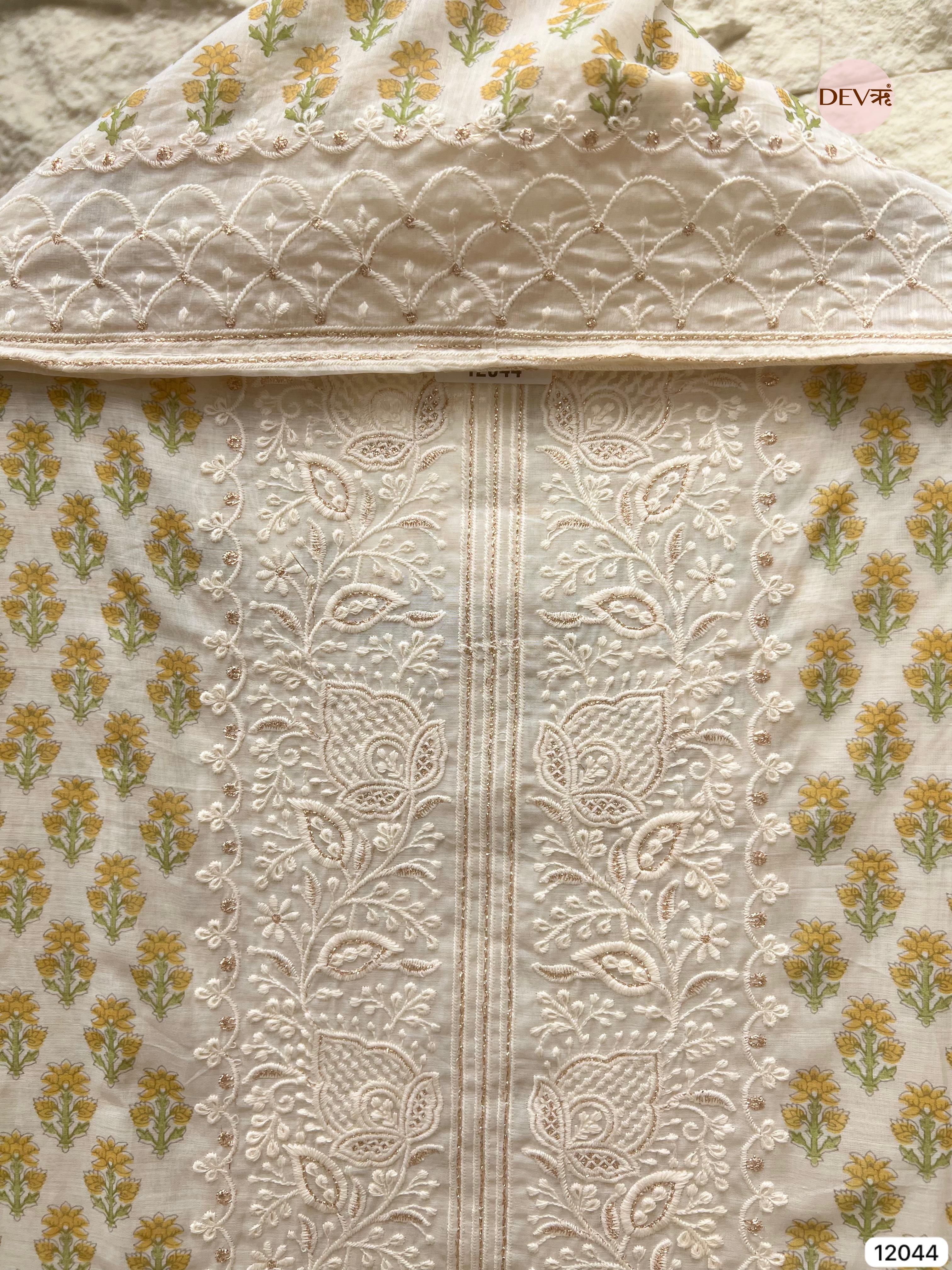 Off White Mul Chanderi Unstitched Block Printed Lucknawi Embroidered -Set Of 3 - {12044}
