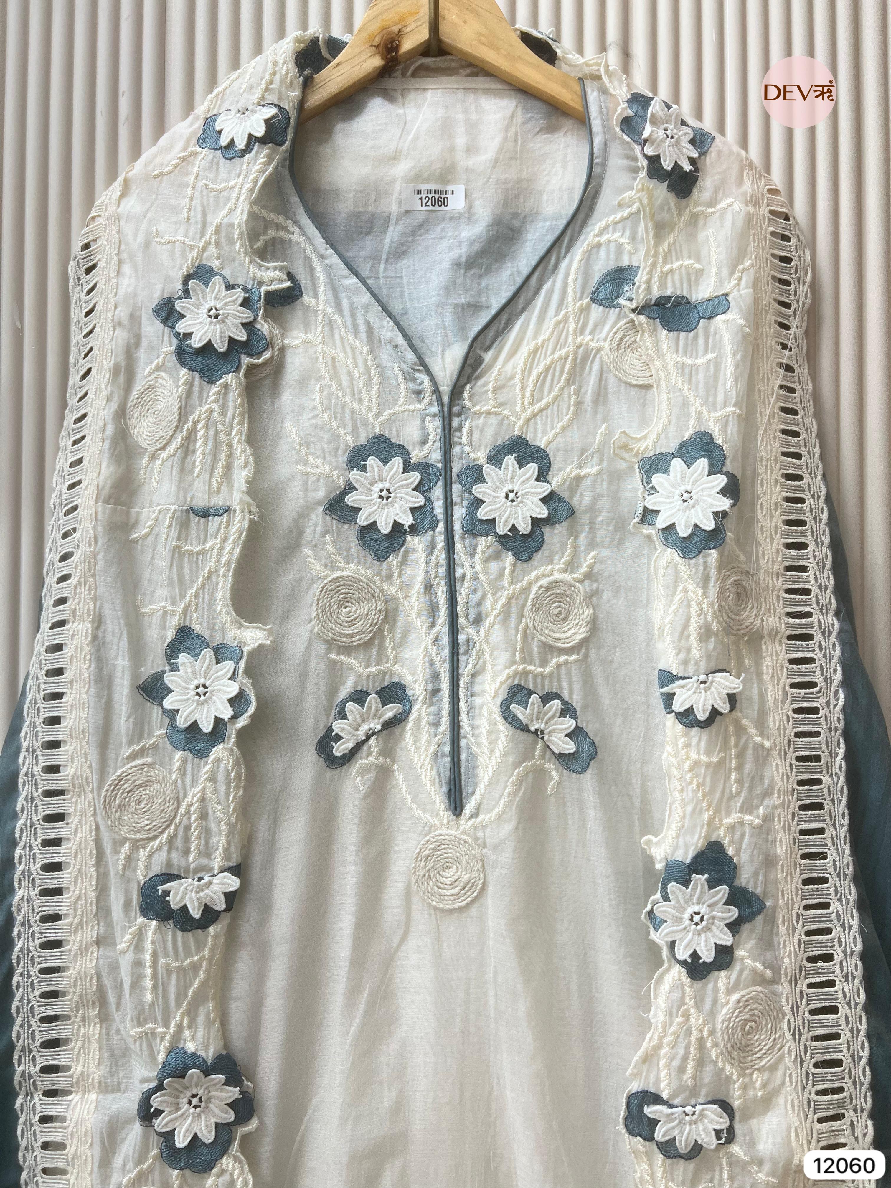 White Mul Chanderi Unstitched With Hand Embroidered -Set Of 3 - {12060}