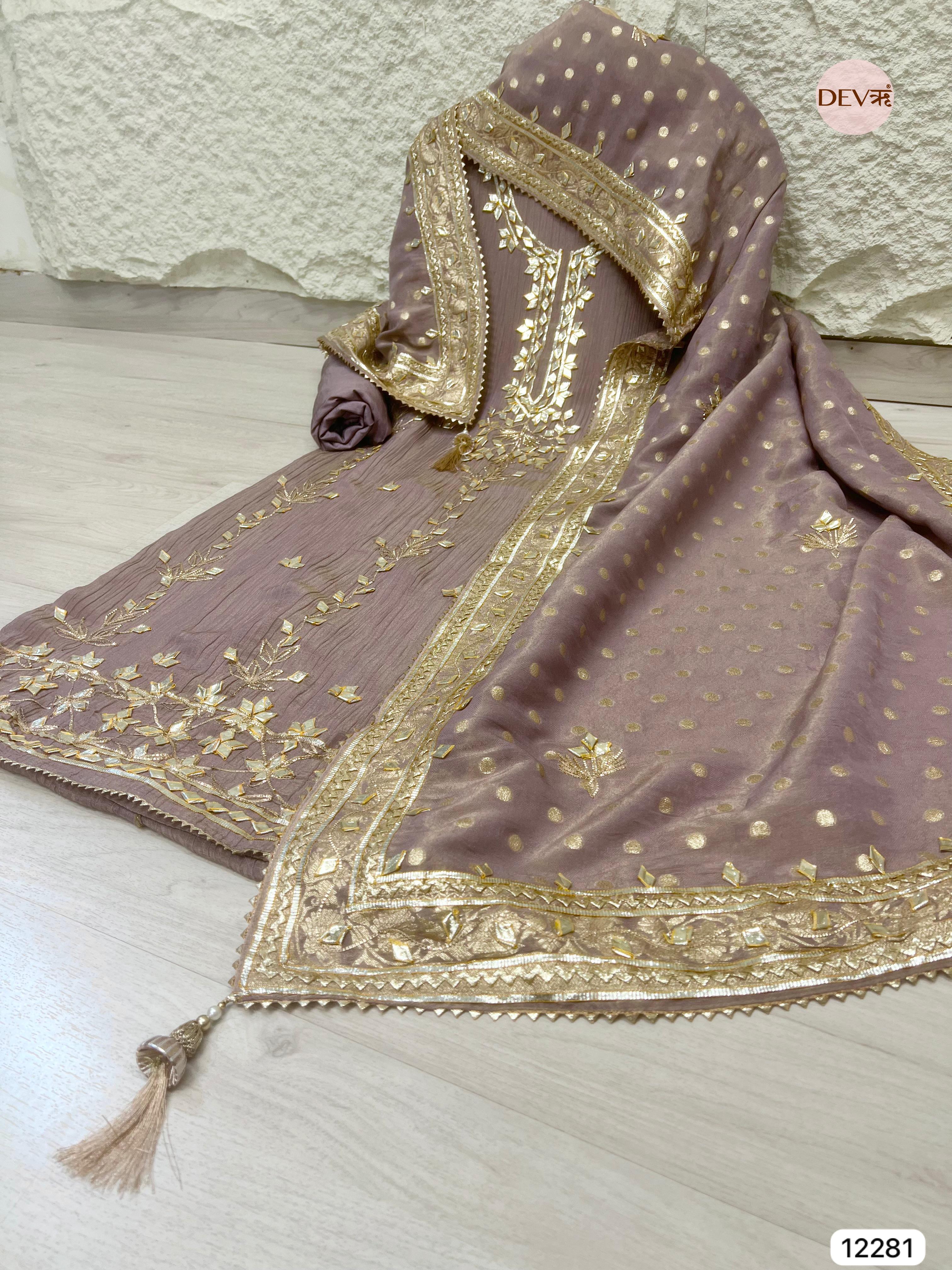 Purple Pure Chinon Unstitched Hand Embroidered -Set Of 3 - {12281}