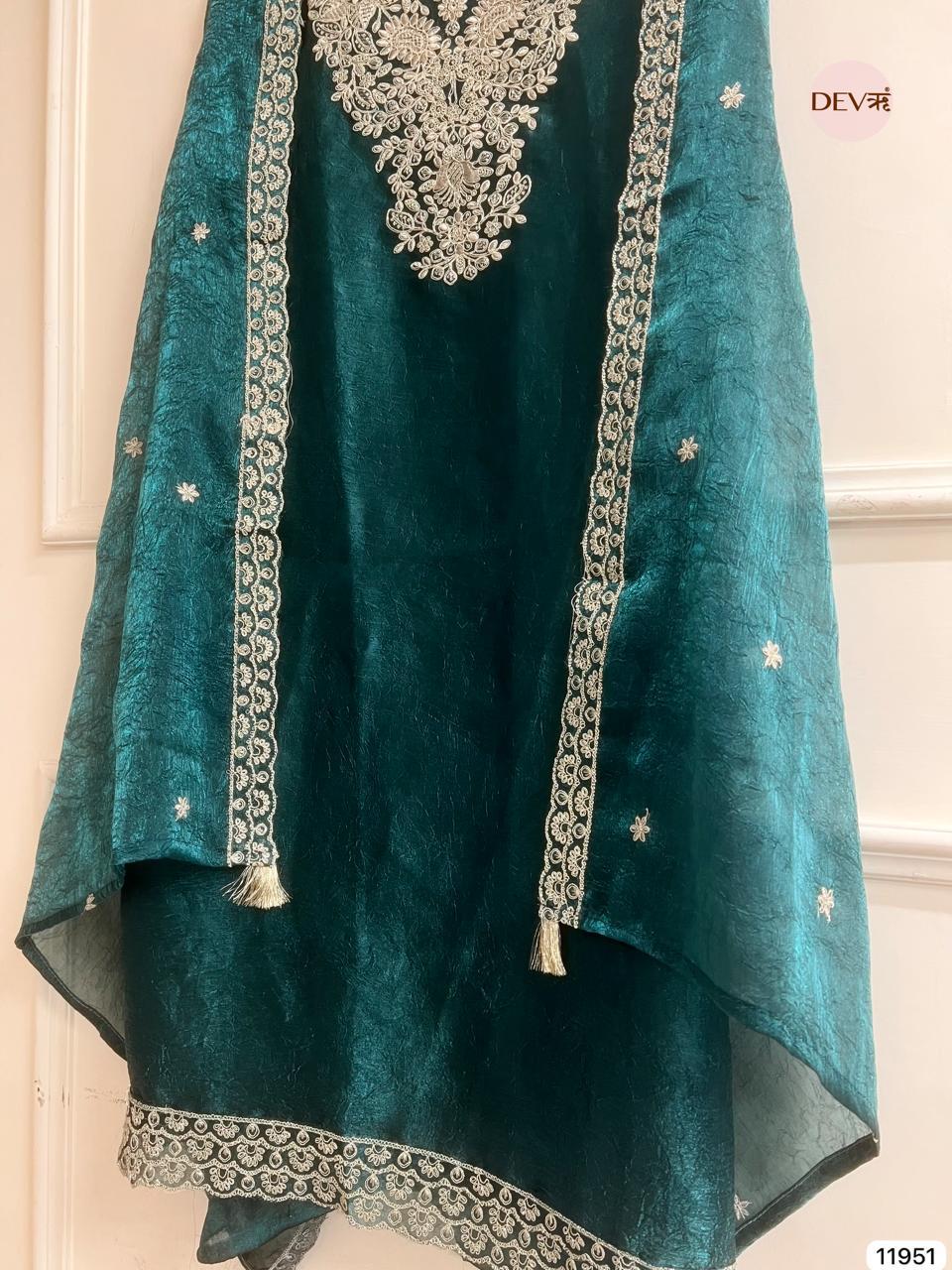 Teal Crush Tissue Embroidered Unstitched 3-Piece Suit (Devri – D.No 11951)