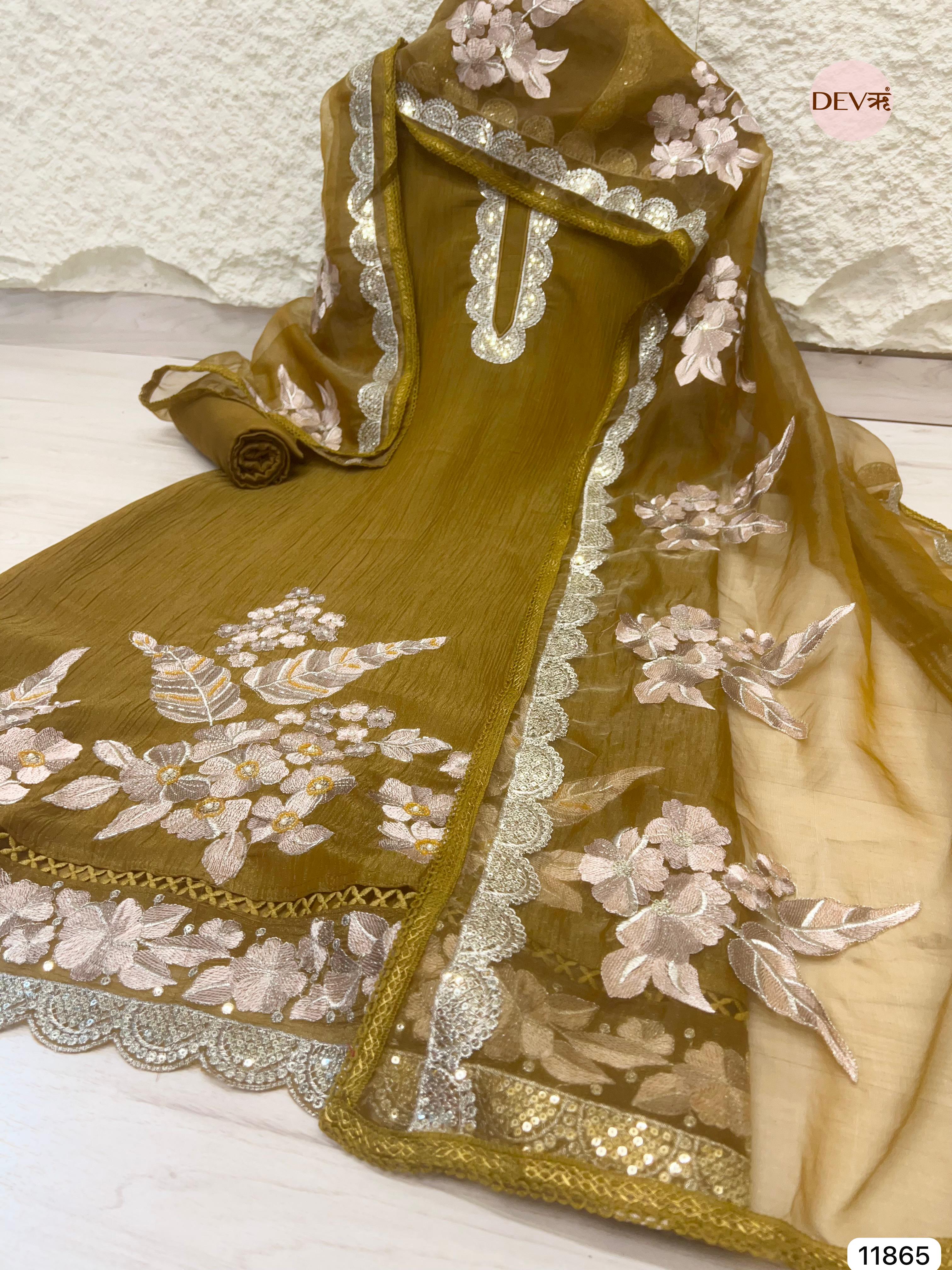 Golden Brown Tissue Crush Silk Unstitched Embroidered -Set Of 3 - {11865}