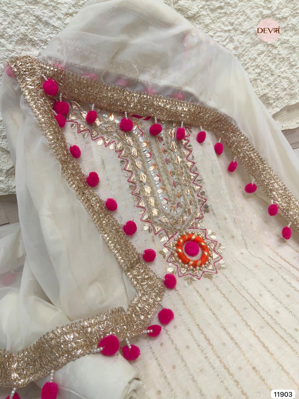 White Tissue Shimmer Silk Unstitched Hand Embroidered -Set Of 3 - {11903}