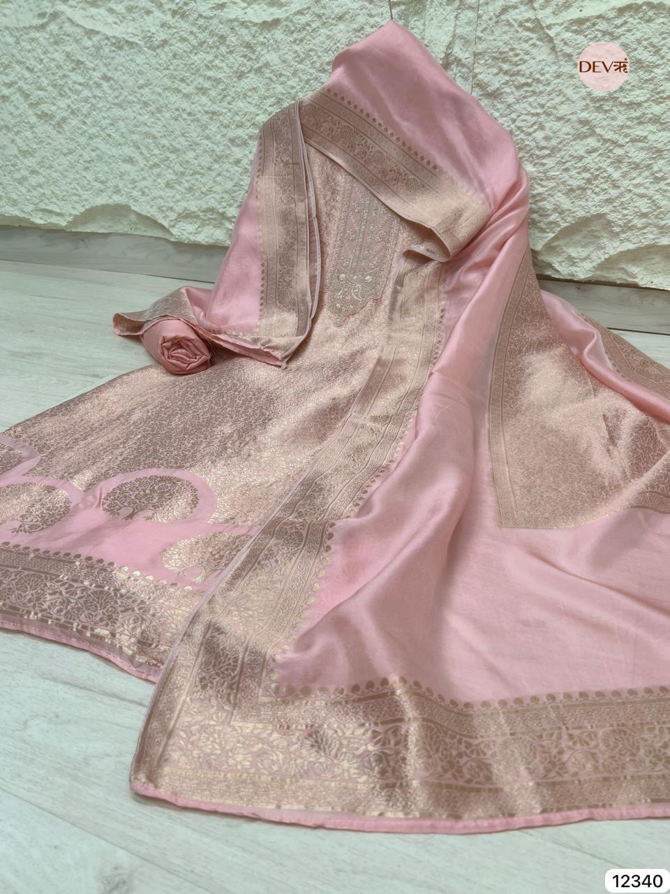 Soft Blush Pink Pure Banarasi Silk Embroidered Unstitched 3-Piece Suit (Devri – D.No 12340)