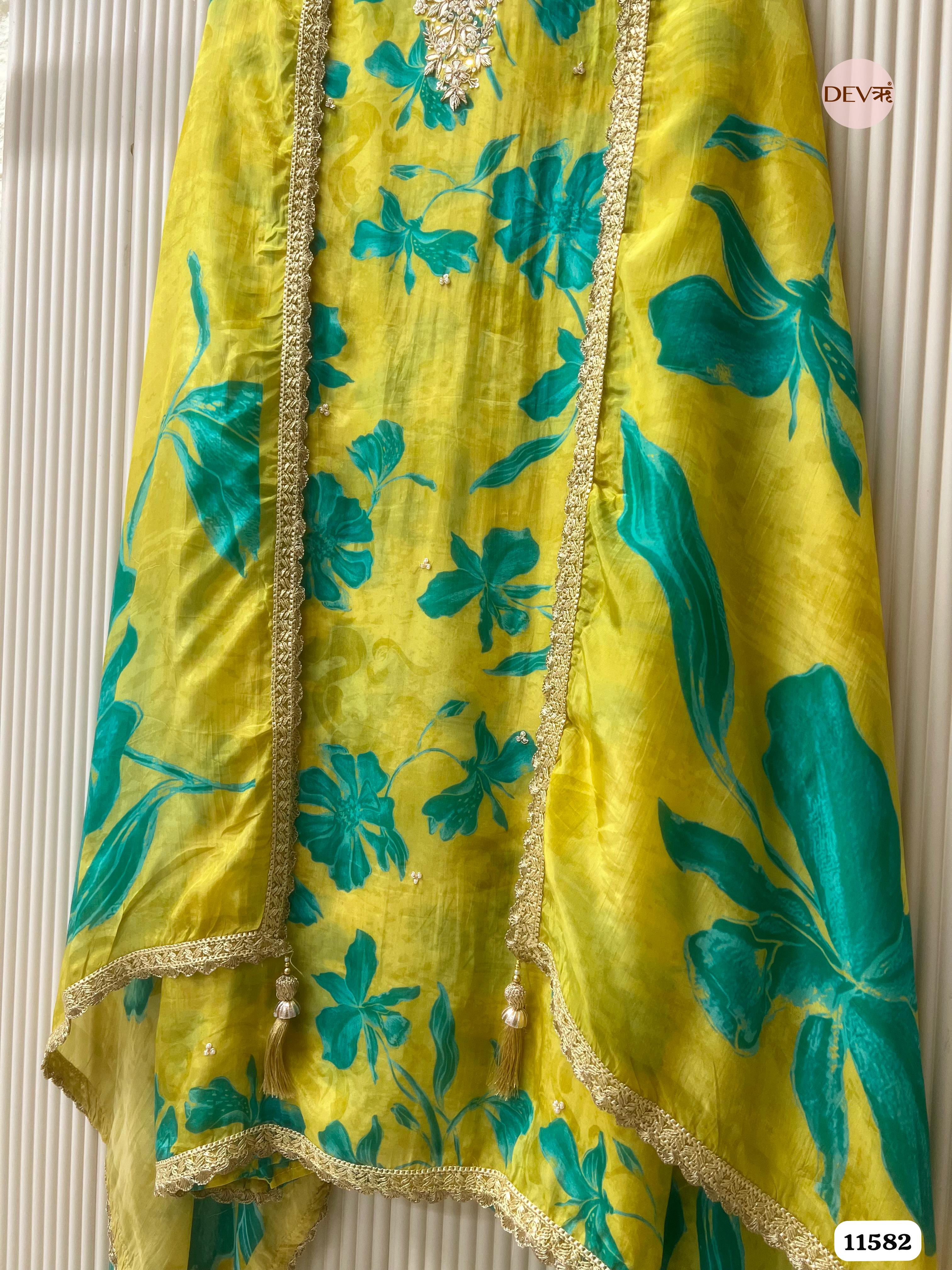 Yellow Pure Organza Silk Printed Unstitched Hand Embroidered -Set Of 3 {11582}