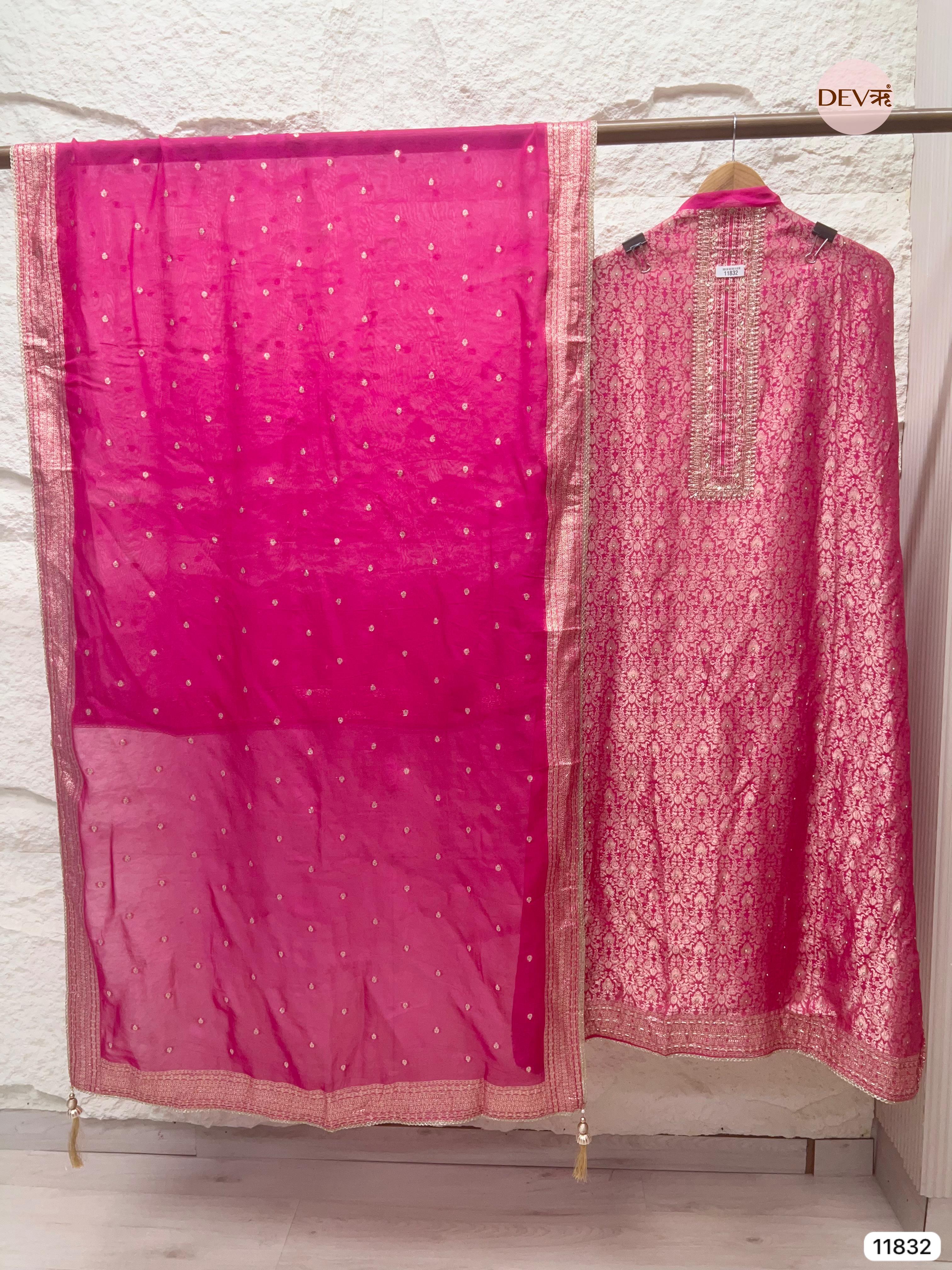 Pink Pure Shimmer Tissue Banarasi Woven Silk Unstitched Hand Embroidered -Set Of 3- {11832}