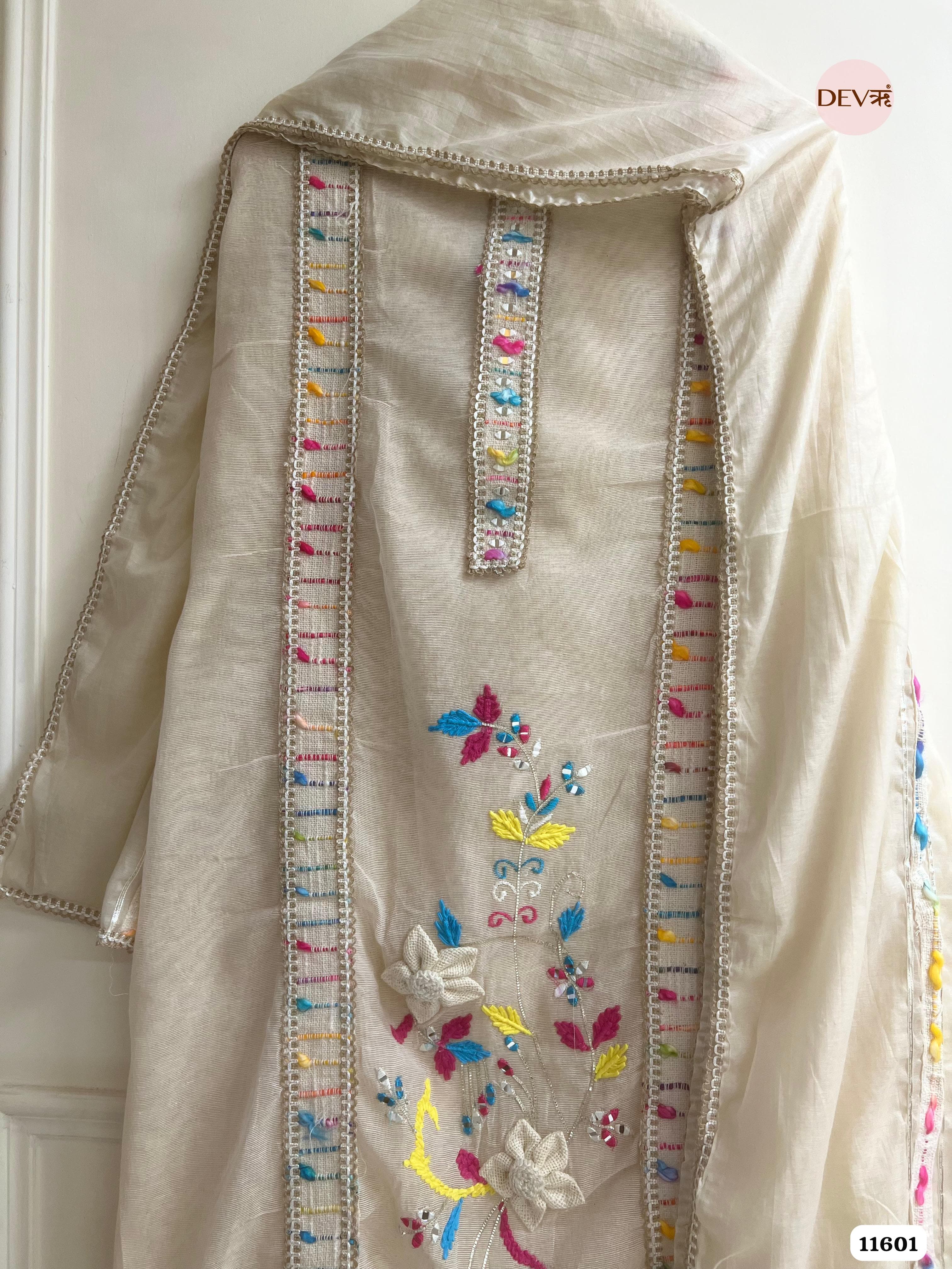 Beige Mul Chanderi silk Unstitched Hand Embroidered -Set Of 3 {11601}