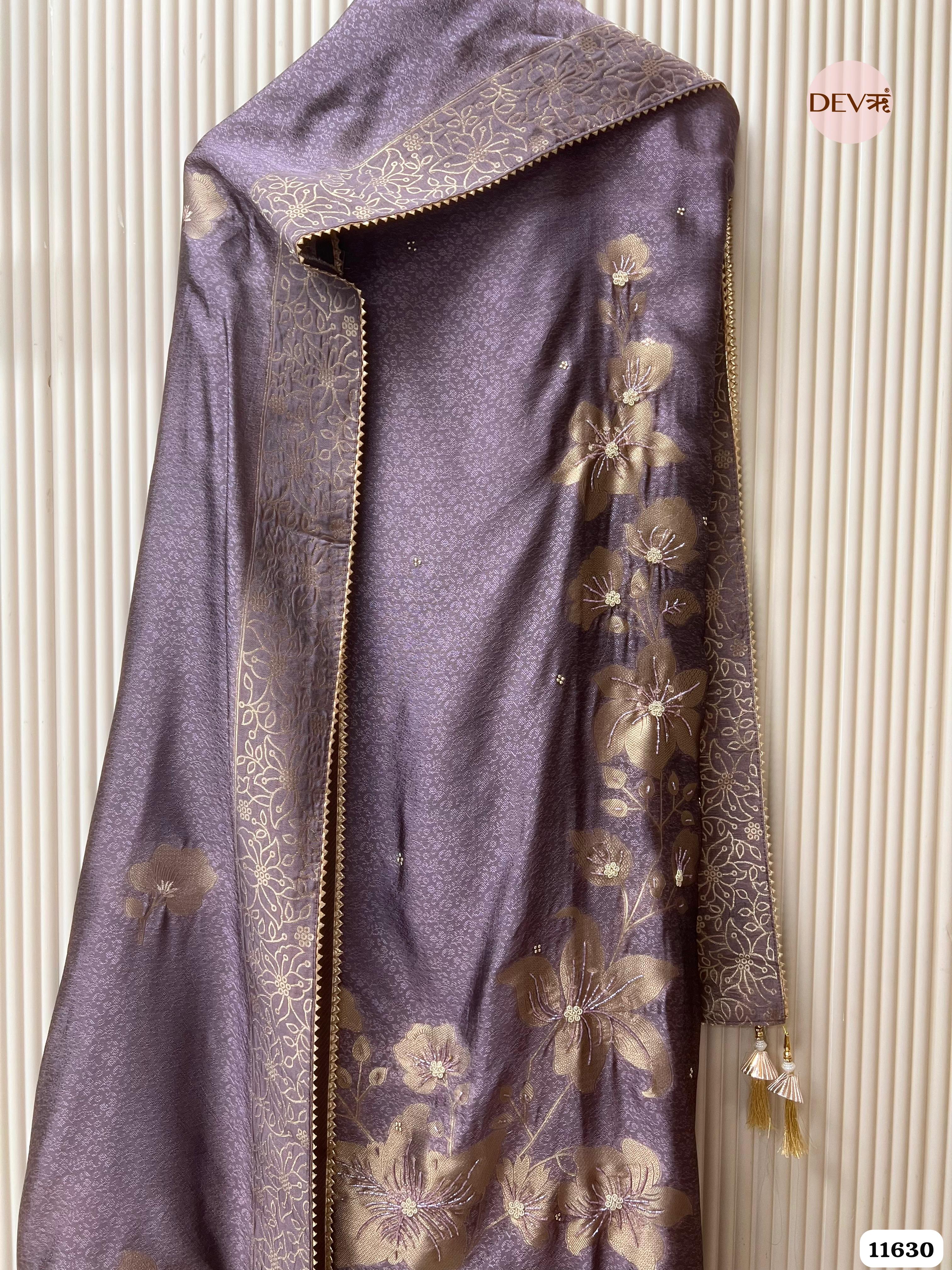 Purple Pure Dola Silk Banarasi Woven Unstitched Hand Embroidered -Set Of 3 {11630}