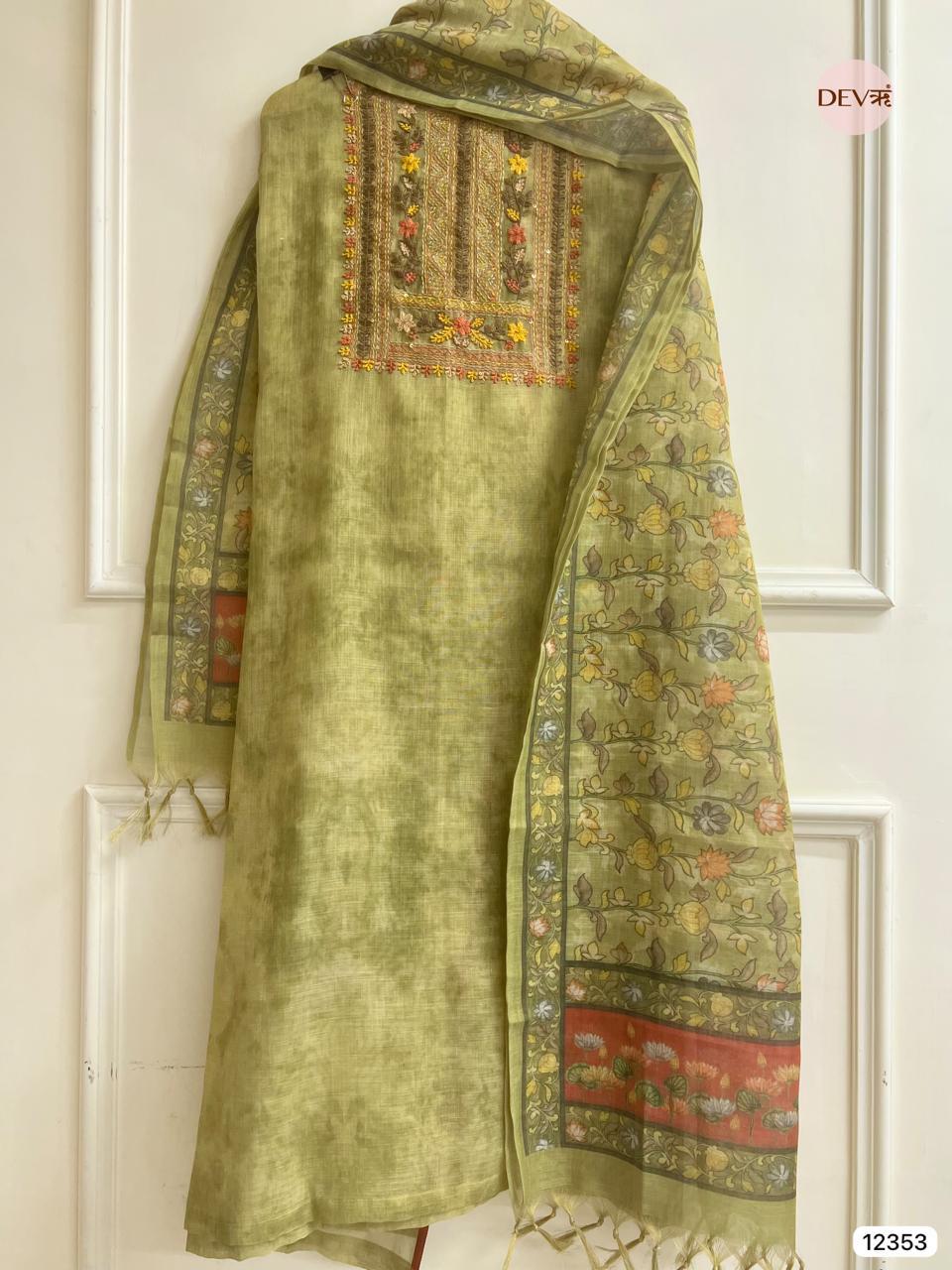 Olive Green Linen Hand Embroidered Unstitched 3-Piece Suit (Devri – D.No 12353)