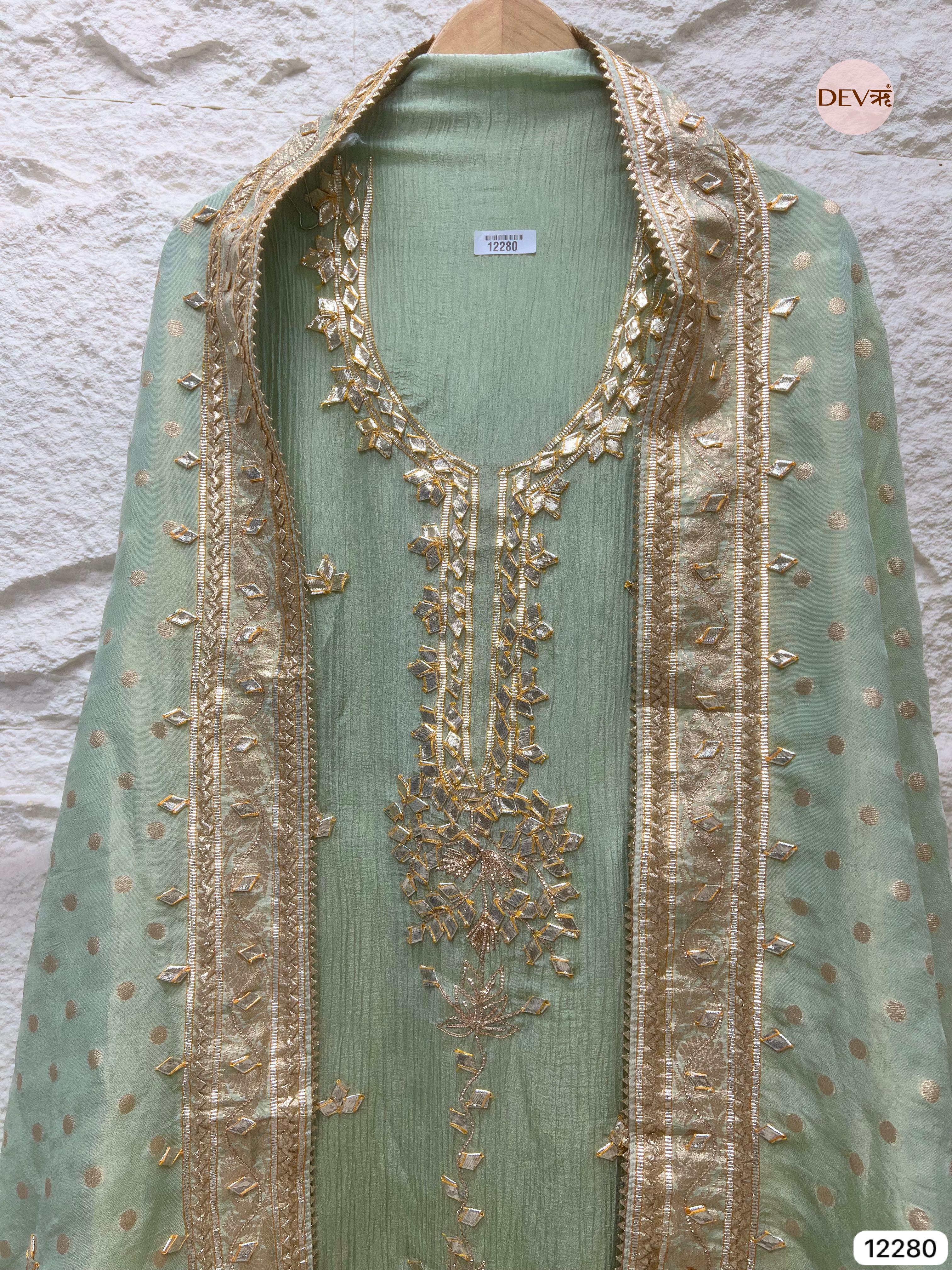 Green Pure Chinon Unstitched Hand Embroidered -Set Of 3 - {12280}