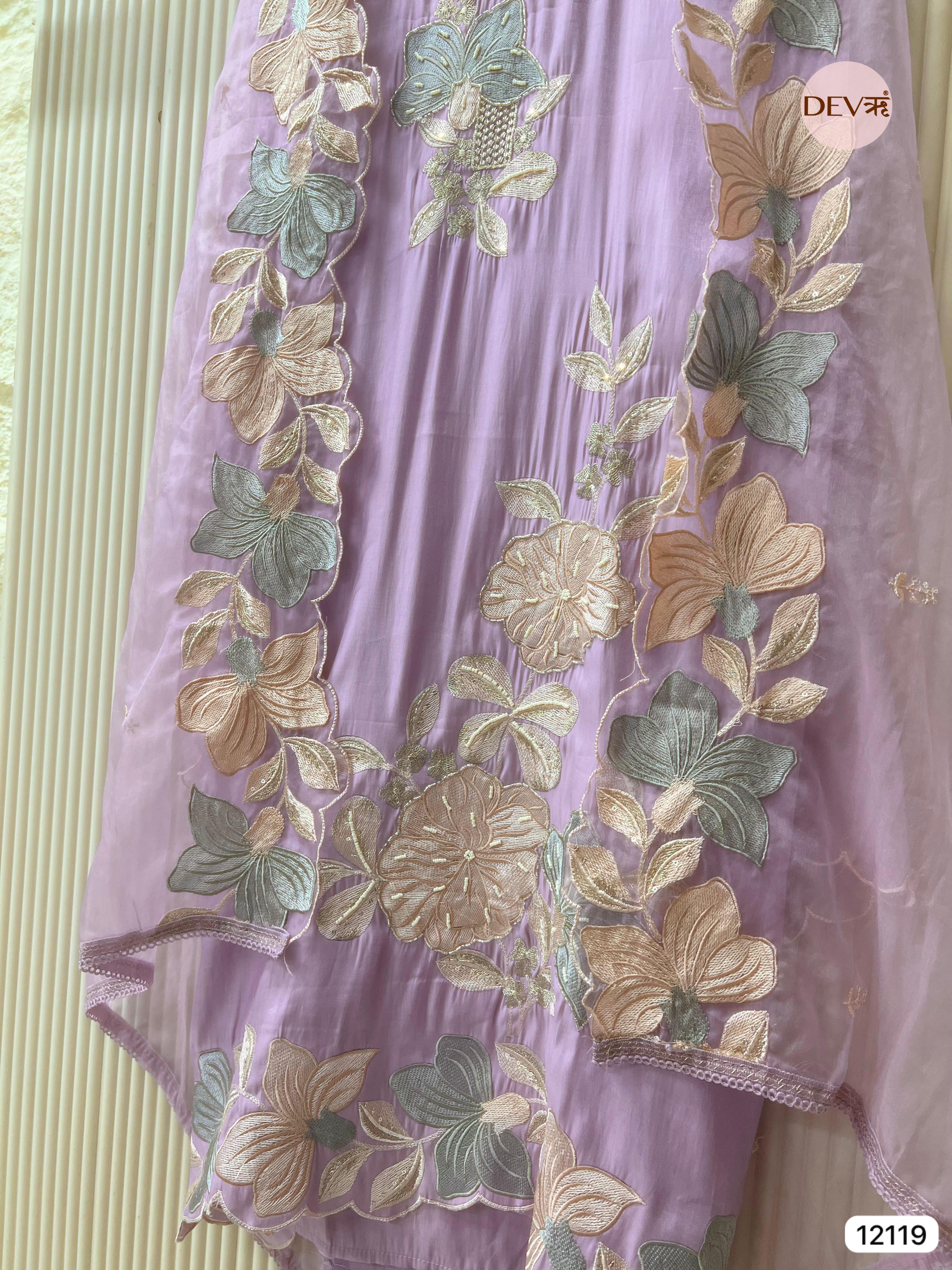 Light Purple Organza Silk Unstitched Hand Embroidered -Set Of 3 - {12119}