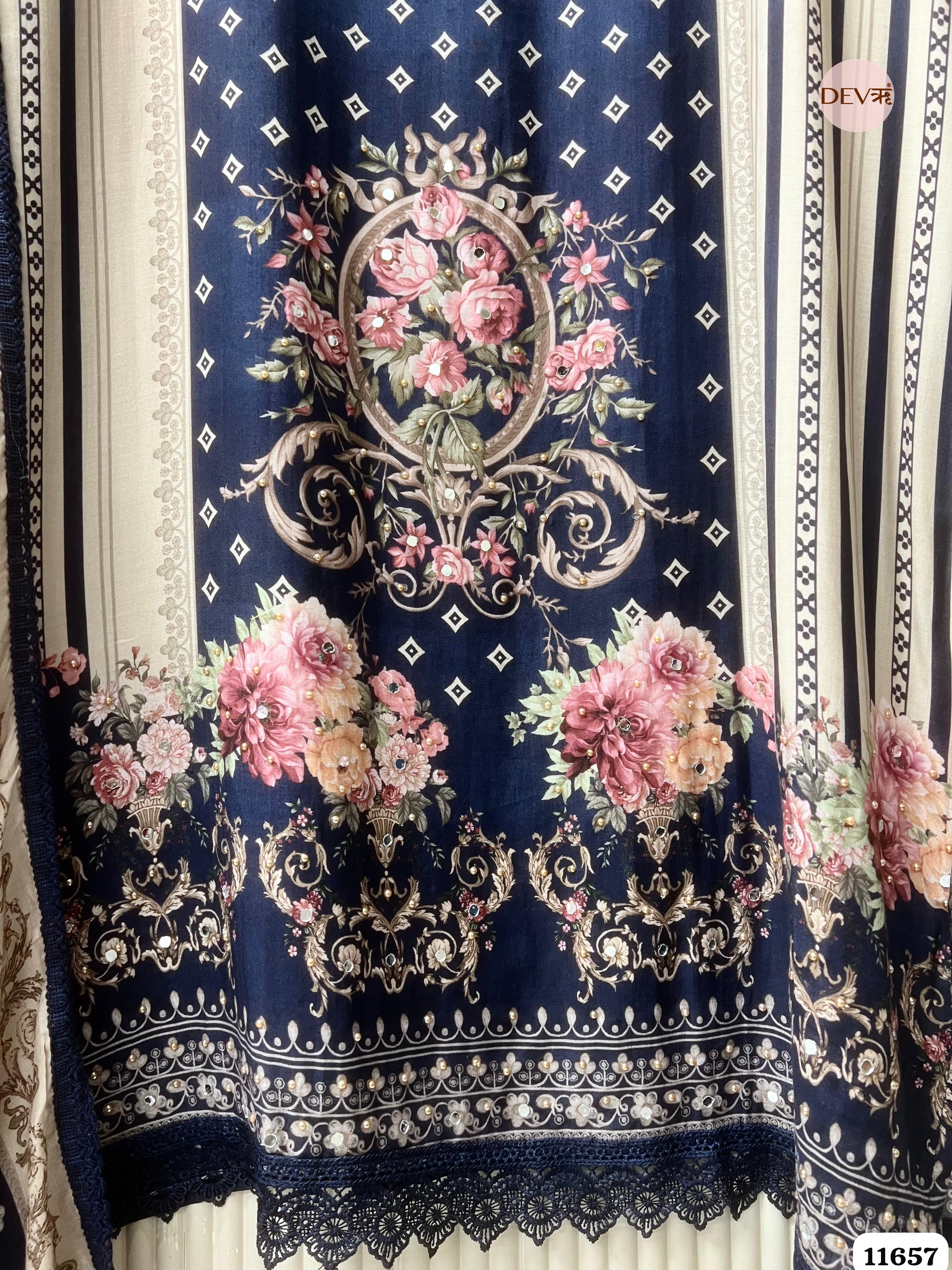 Navy Blue Muslin Printed Semi Stitched Hand Embroidered -Set Of 3 {11657}