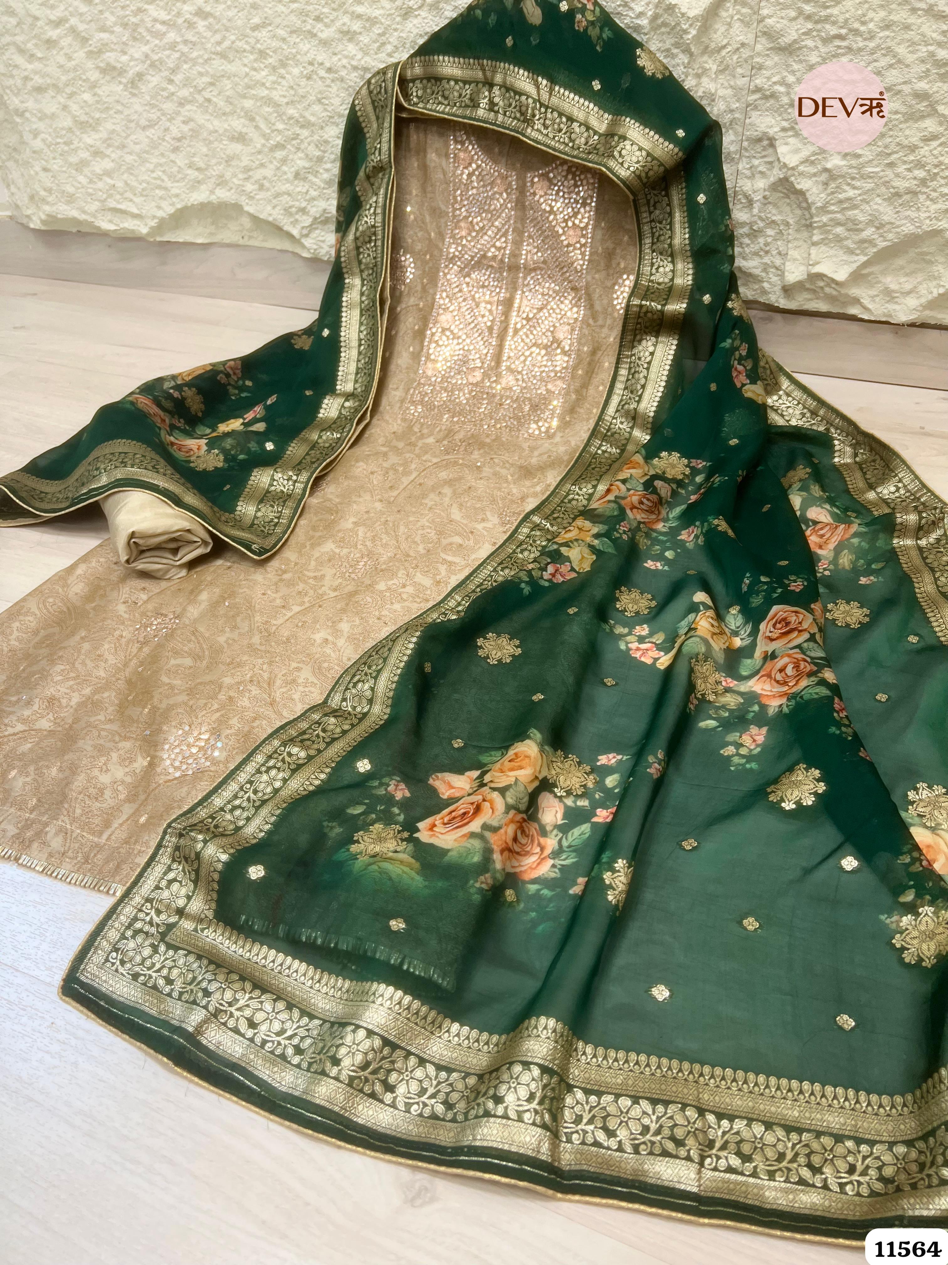 Cream Colour Pure Organza Silk Printed Unstitched Hand Embroidered -Set Of 3 {11564}