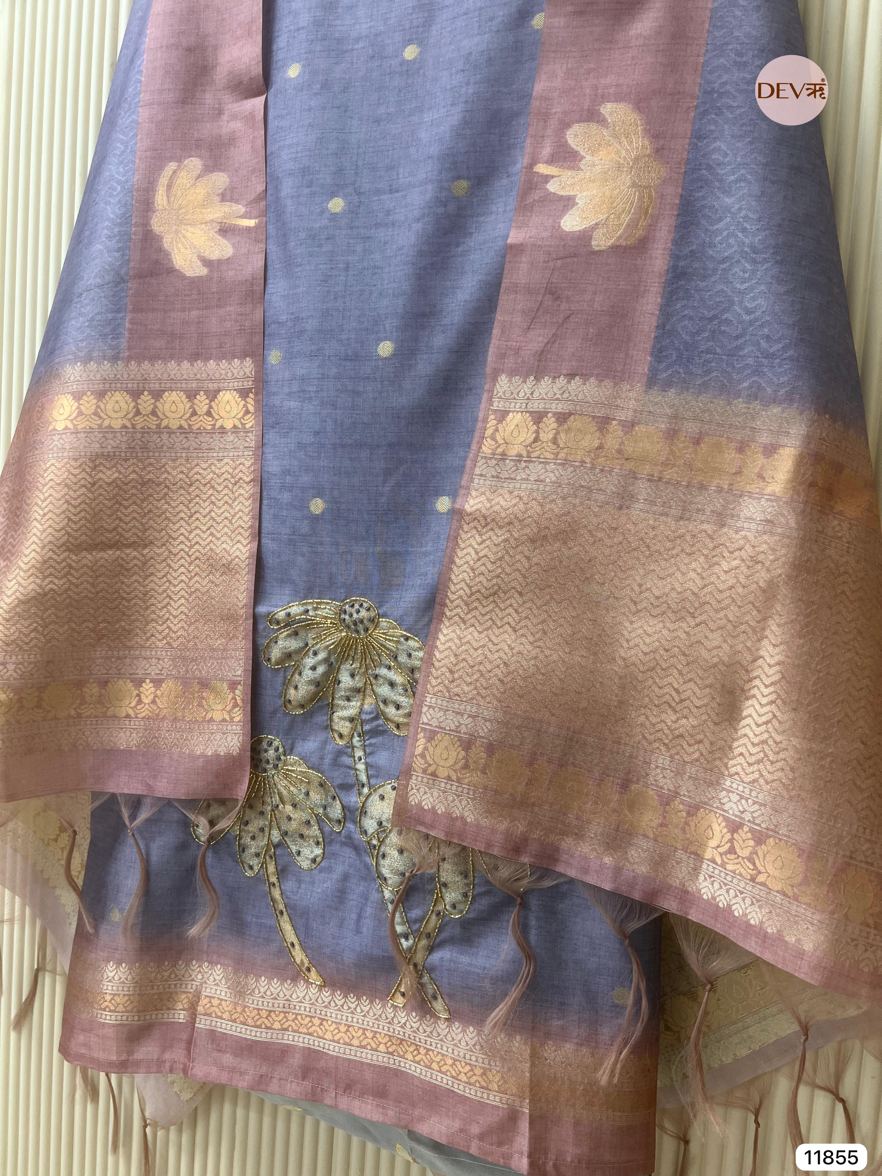 Purple Banarasi silk unstitched woven hand embroidered -Set Of 3- {11855}