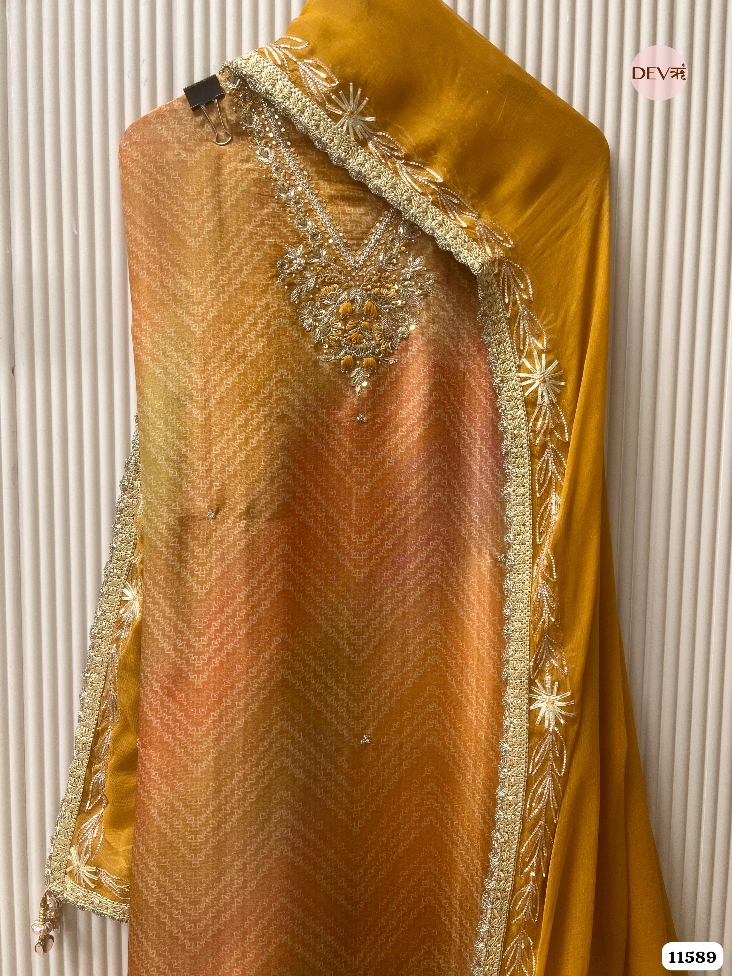 Mustard Yellow Pure Tissue Silk Printed Unstitched Hand Embroidered -Set Of 3 {11589}