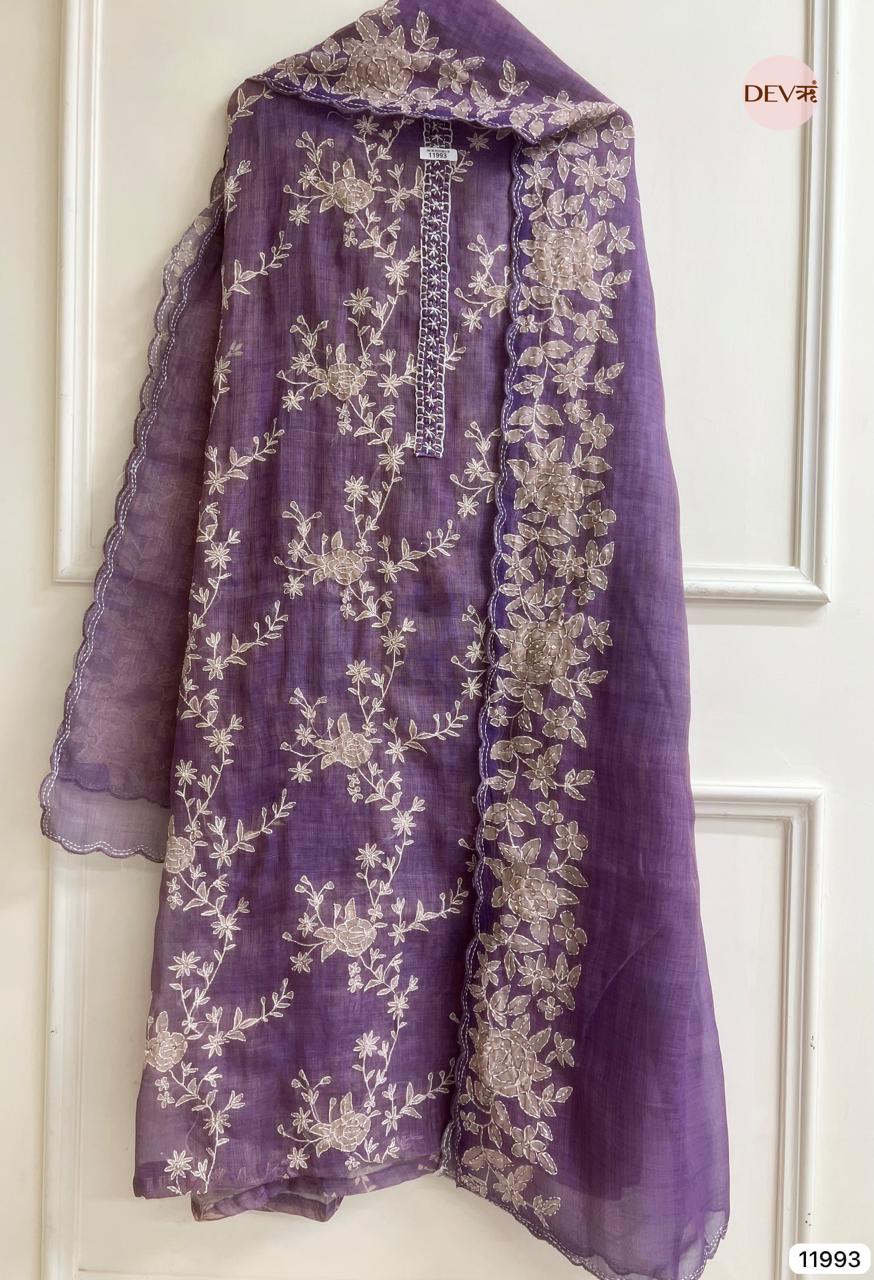 Purple  Pure Mul Linen Unstitched Embroidered -Set Of 3 - {11993}