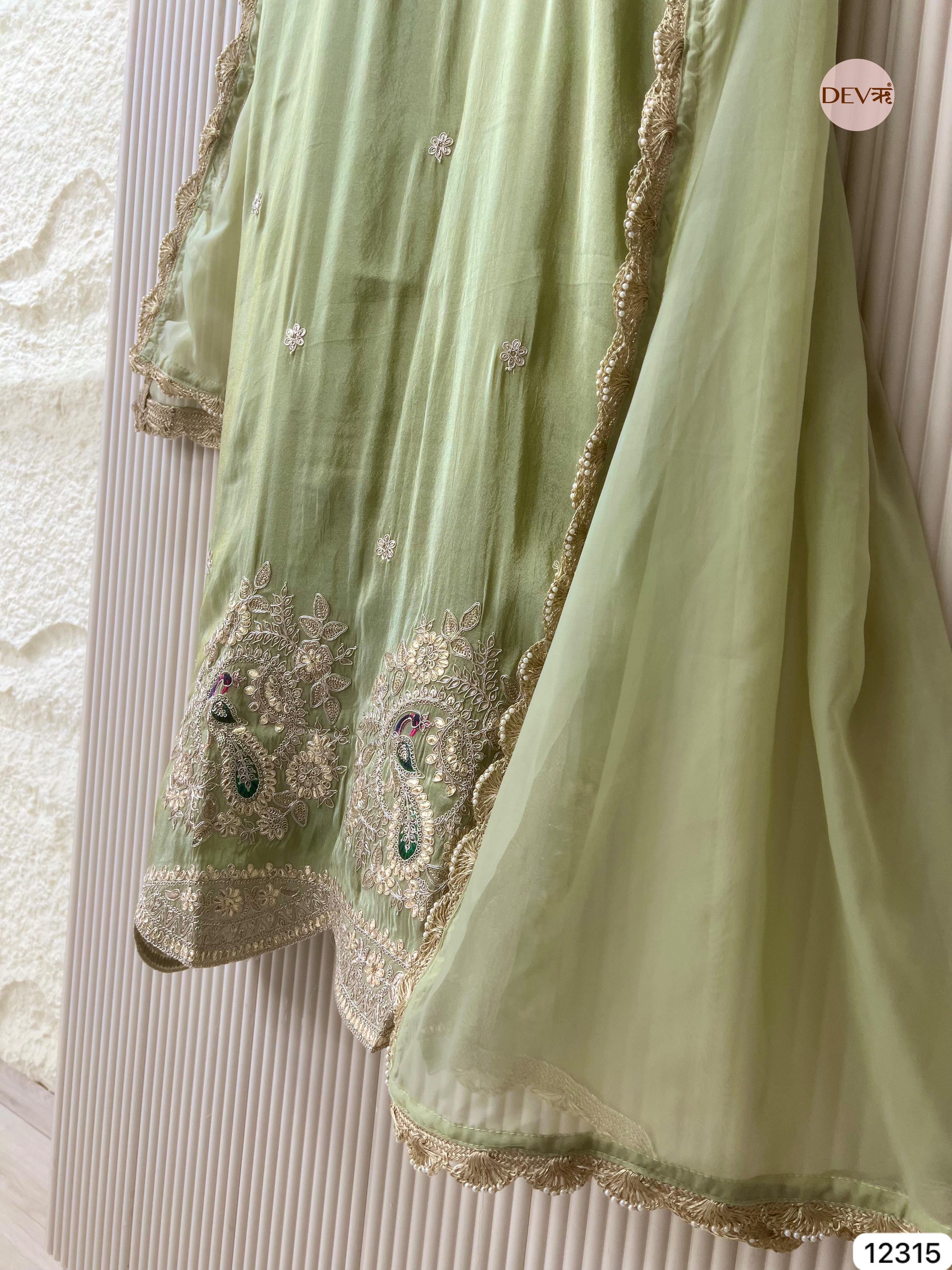 Pistachio Green Shimmer Silk Embroidered Unstitched 3-Piece Suit (Devri – D.No 12315)