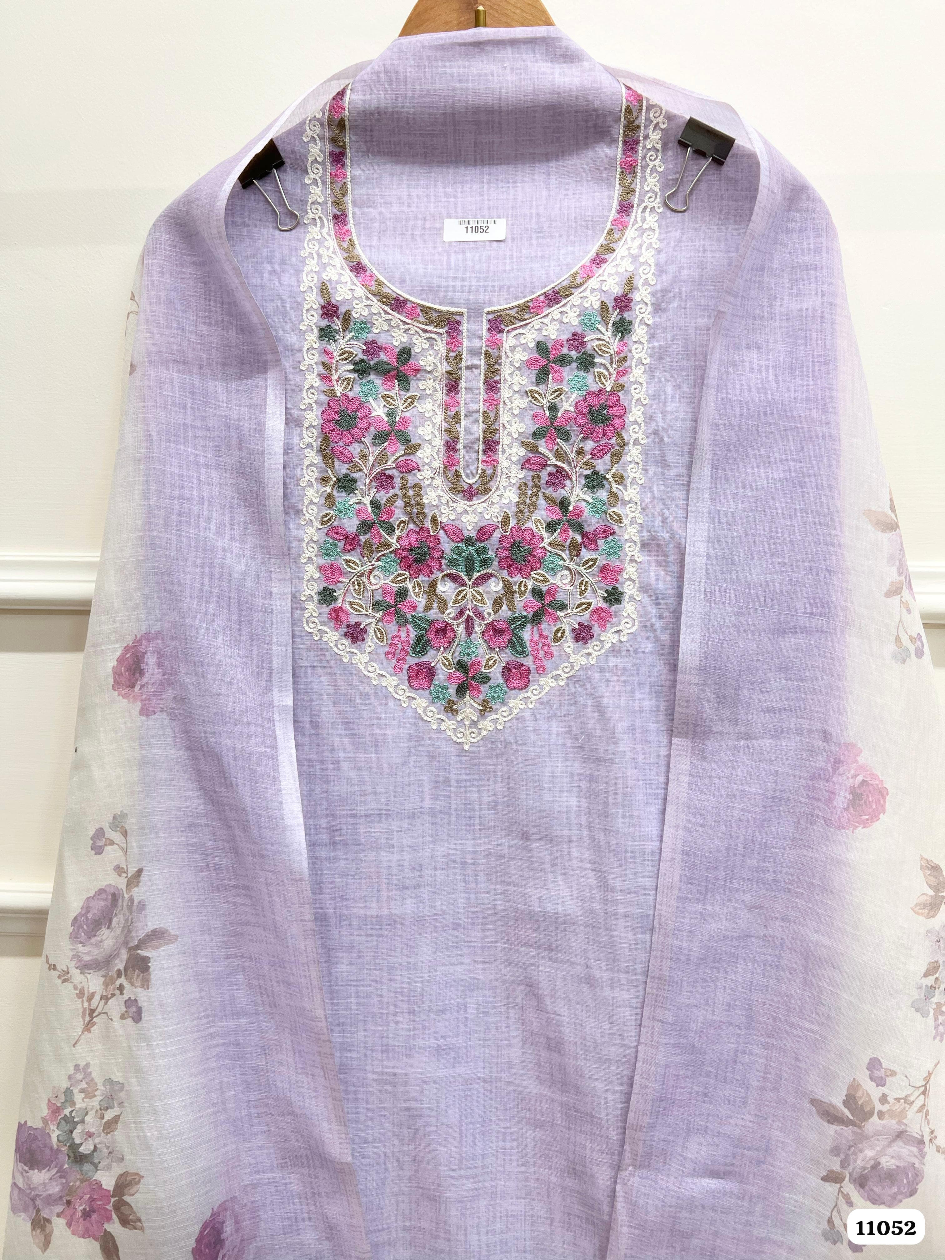 Lavender Khadi Cotton Unstitched Embroidered -Set Of 3