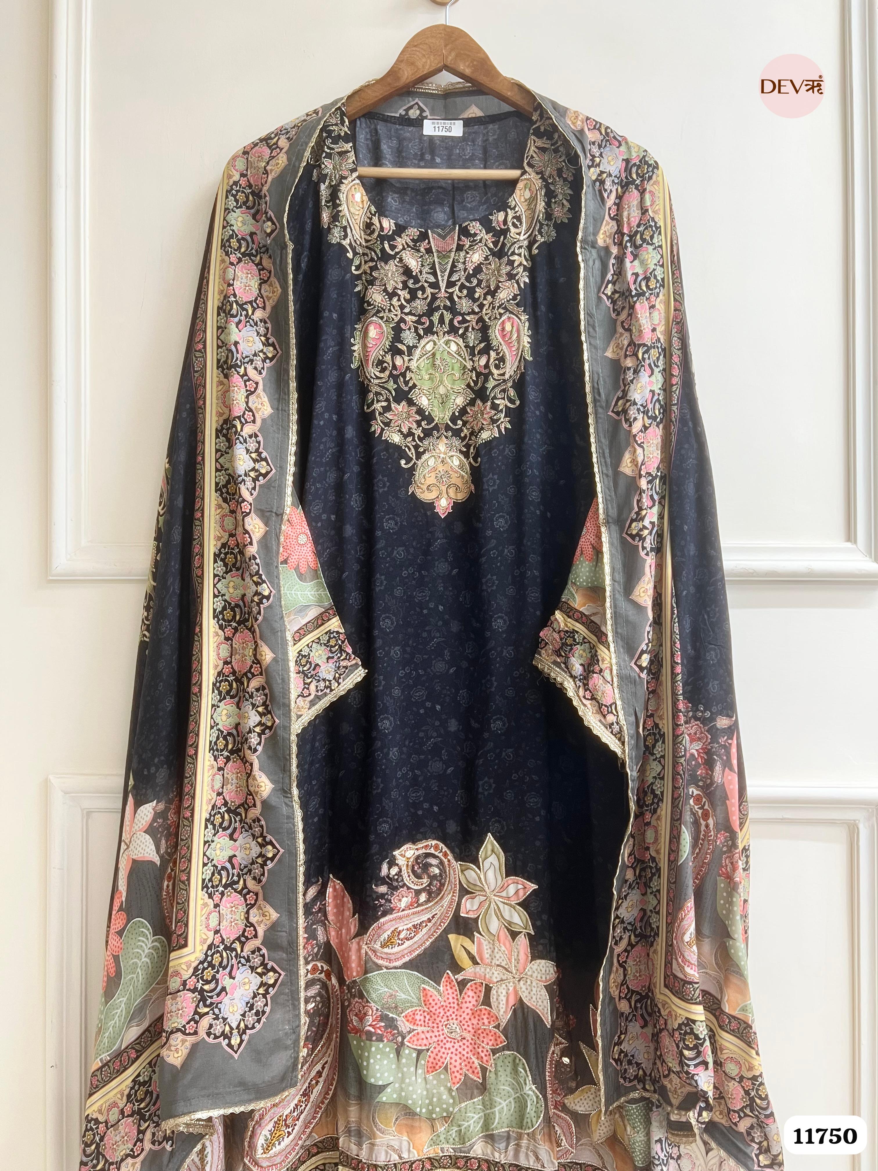 Black Muslin Semi Stitched Printed Hand Embroidered -Set Of 3- {11750}