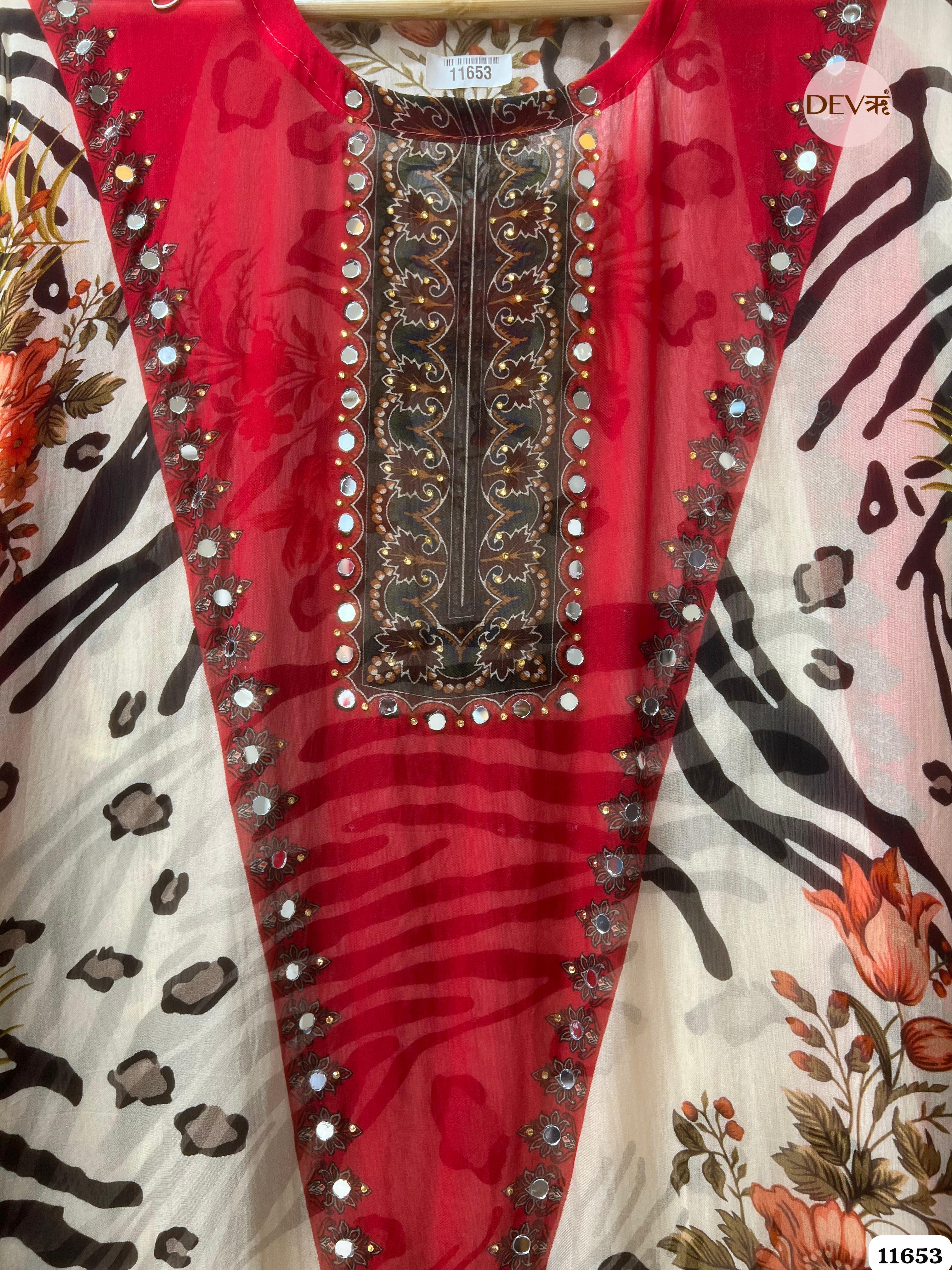 Red Organza Printed Semi Stitched Hand Embroidered -Set Of 3 {11653}