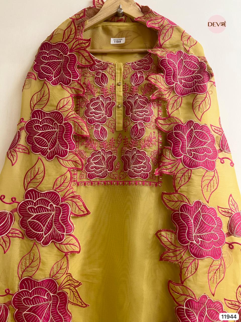 Yellow Pure Tissue Shimmer Unstitched Embroidered -Set Of 3 - {11944}
