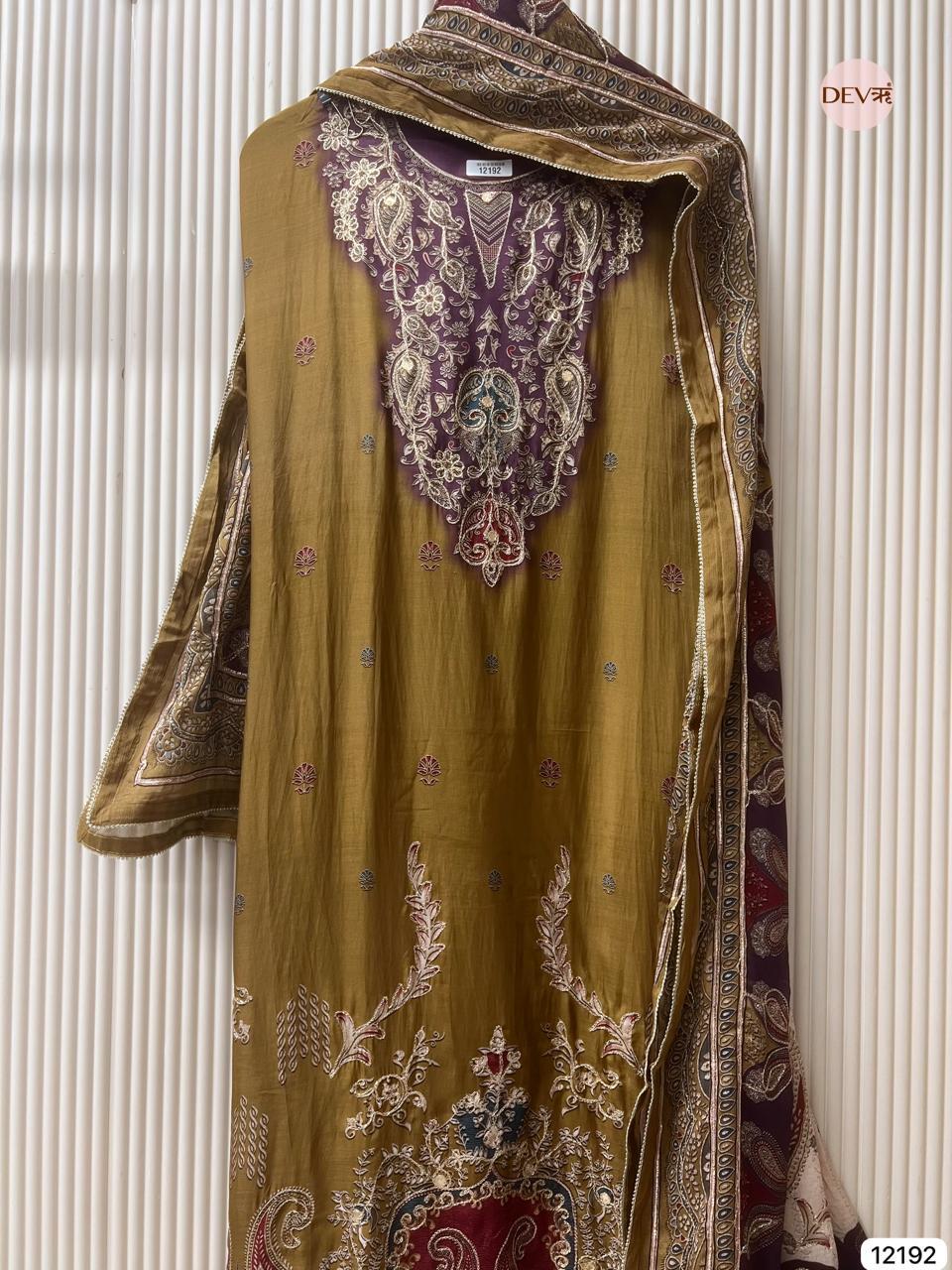 Olive Muslin Embroidered Unstitched 3-Piece Suit (Devri – D.No 12192)