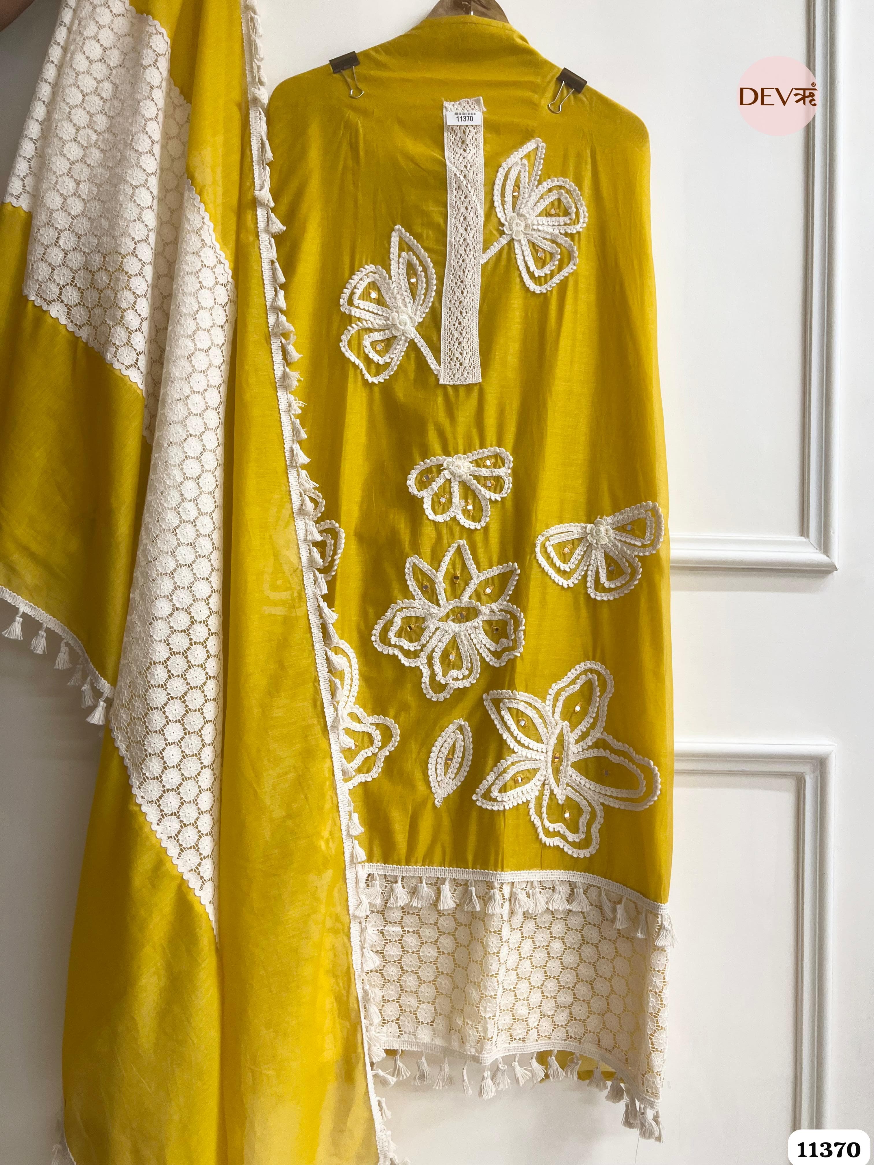 Yellow Mul Chanderi Unstitched Embroidered -Set Of 3 {11370}