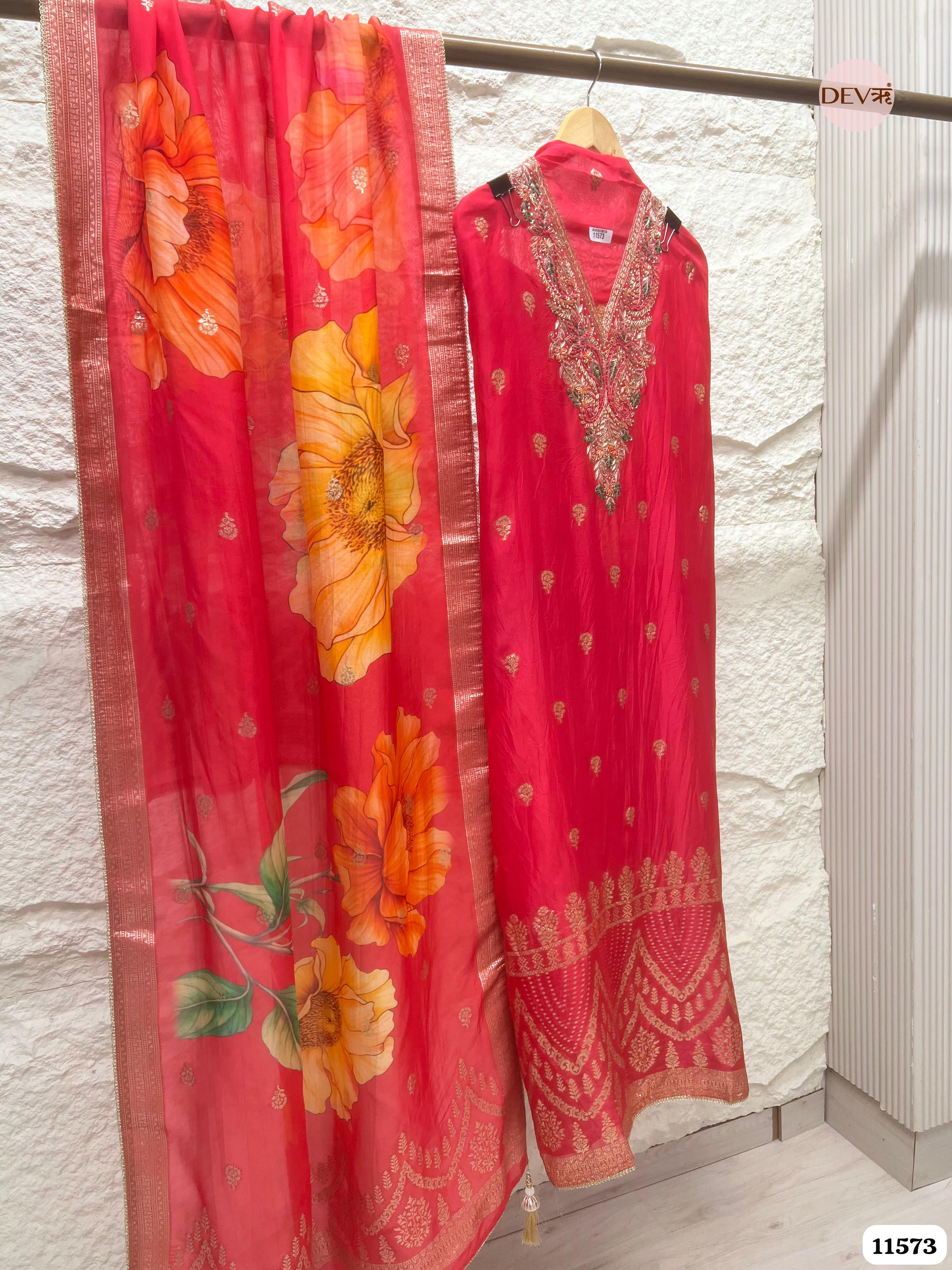 Red Pure Organza Silk Unstitched Banarasi Weave Hand Embroidered -Set Of 3 {11573}