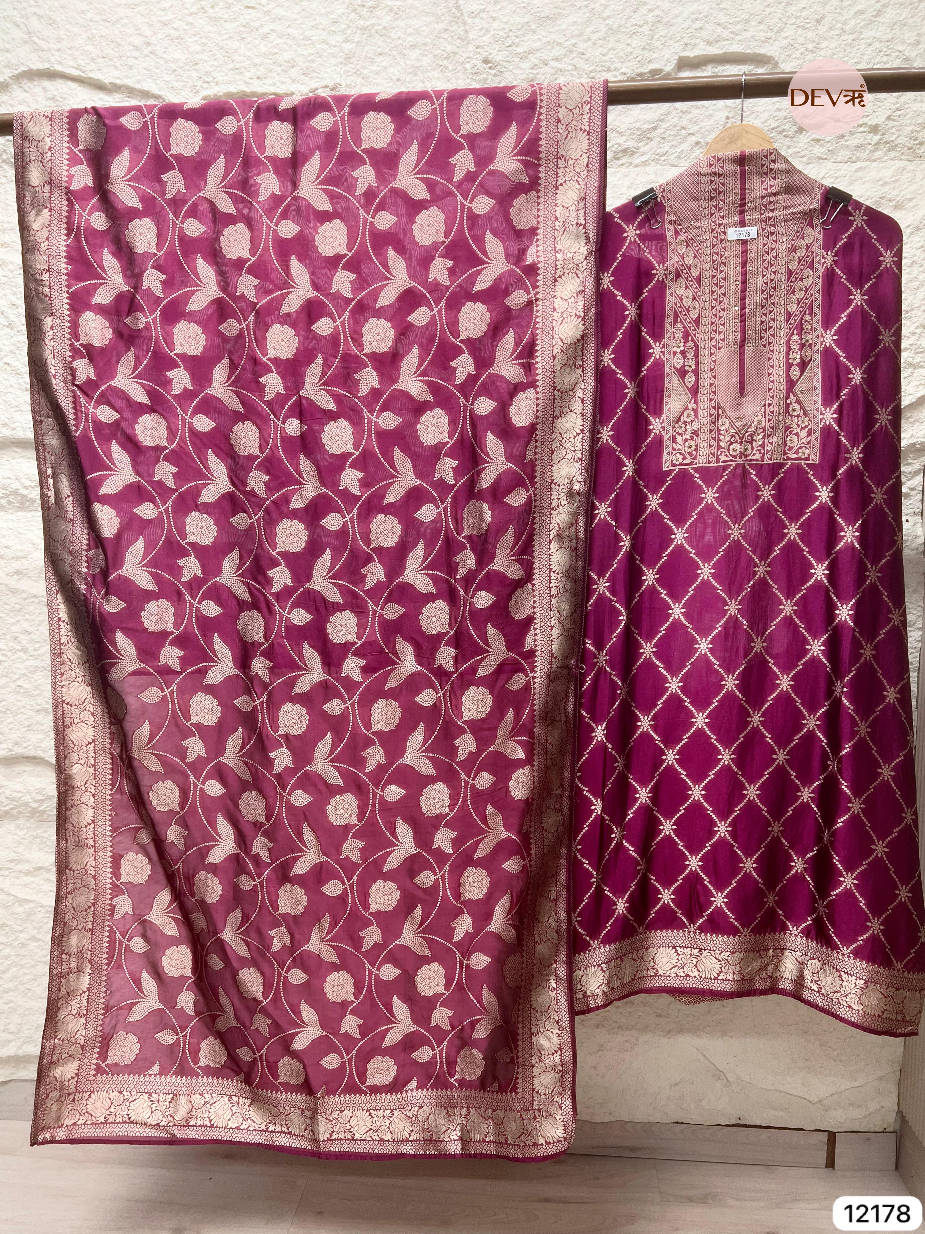 Magenta Pink Pure Banarasi Silk Unstitched Hand Embroidered-Set of 3 - {12178}