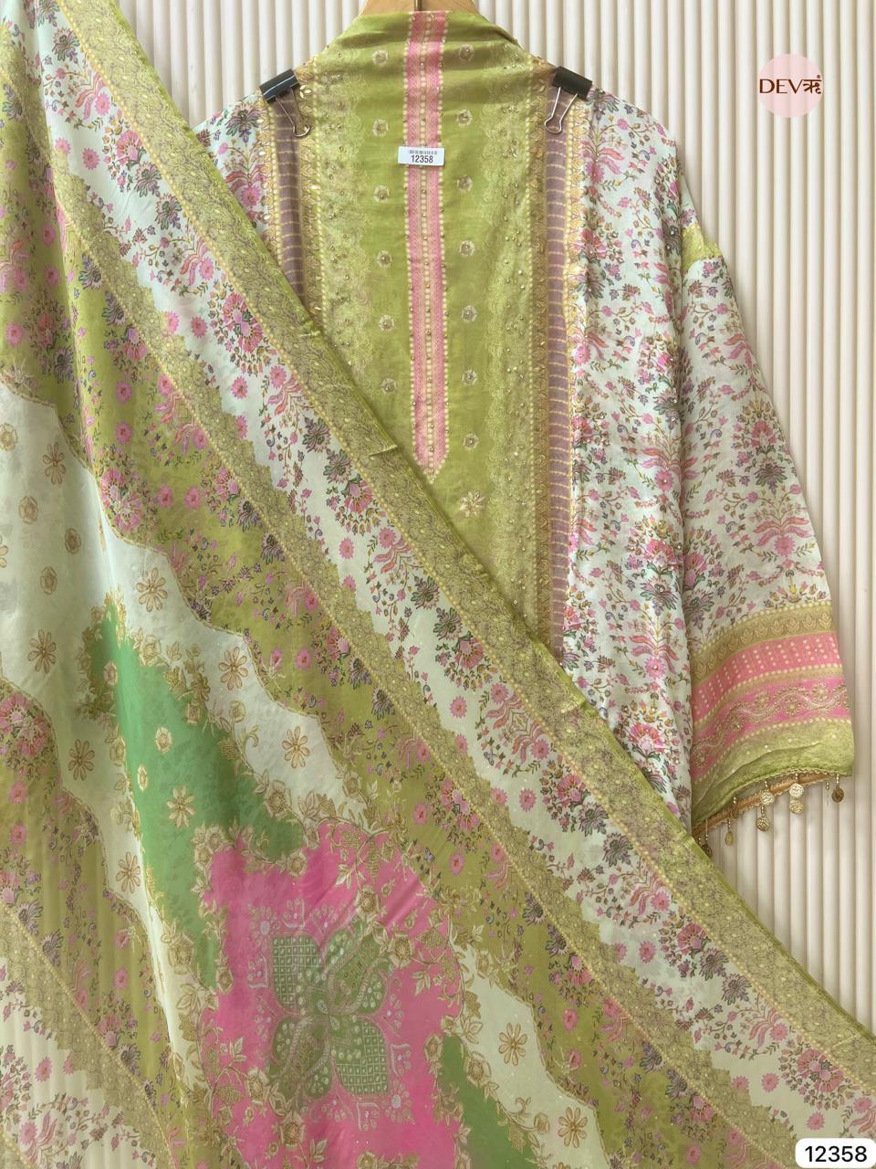 Sage Green Organza Printed Unstitched 3-Piece Suit (Devri – D.No 12358)
